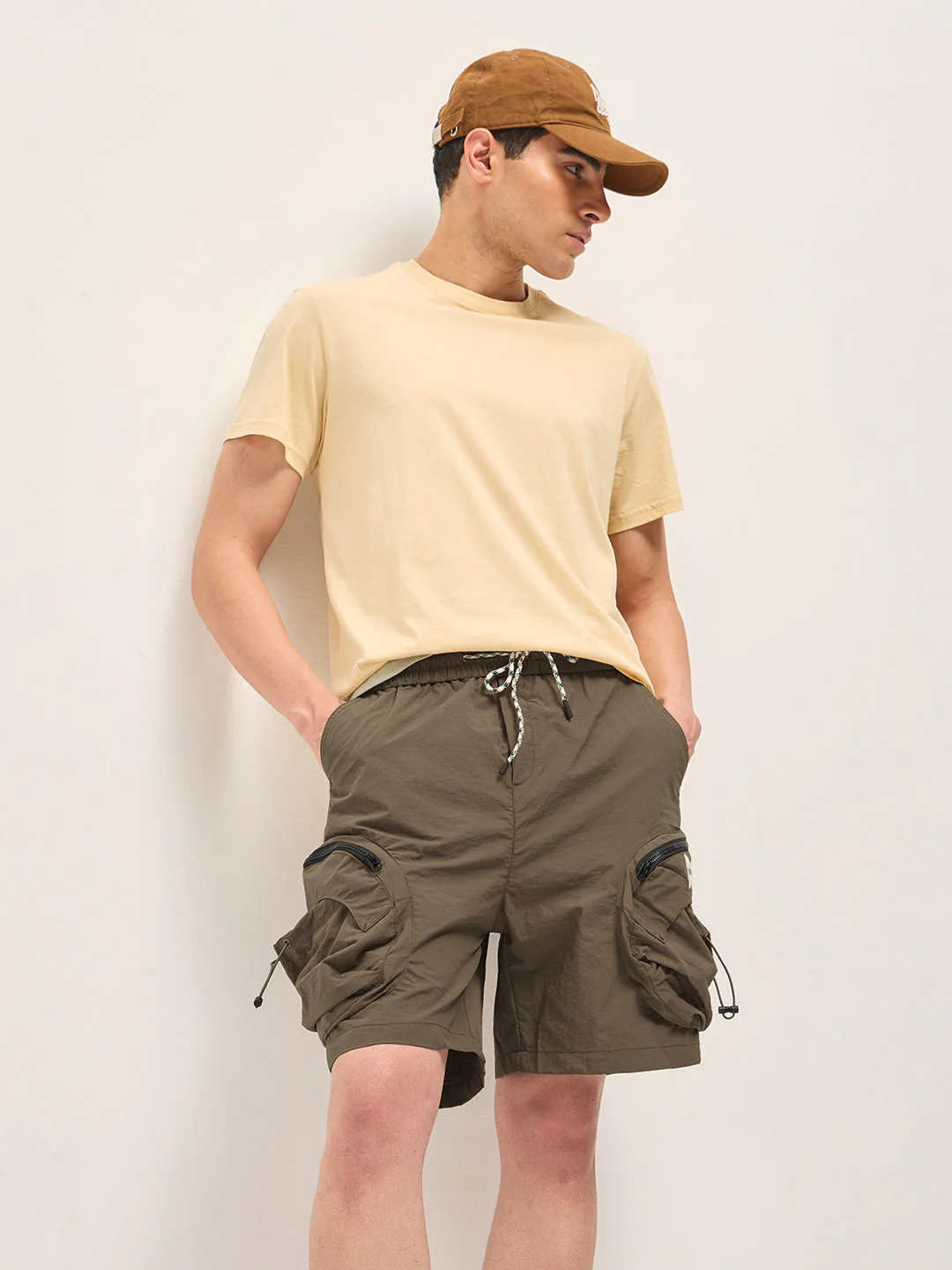 Men Brown Solid Polyester Cargo Shorts