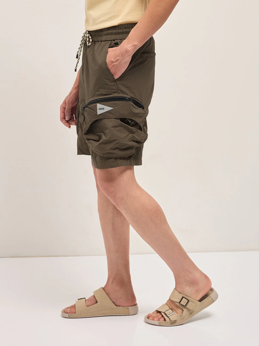 Men Brown Solid Polyester Cargo Shorts - Image 3