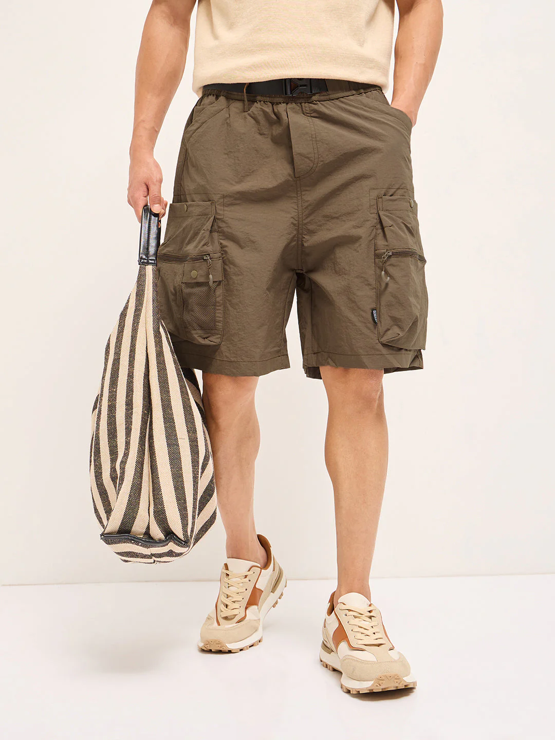 Men Brown Solid Polyester Cargo Shorts