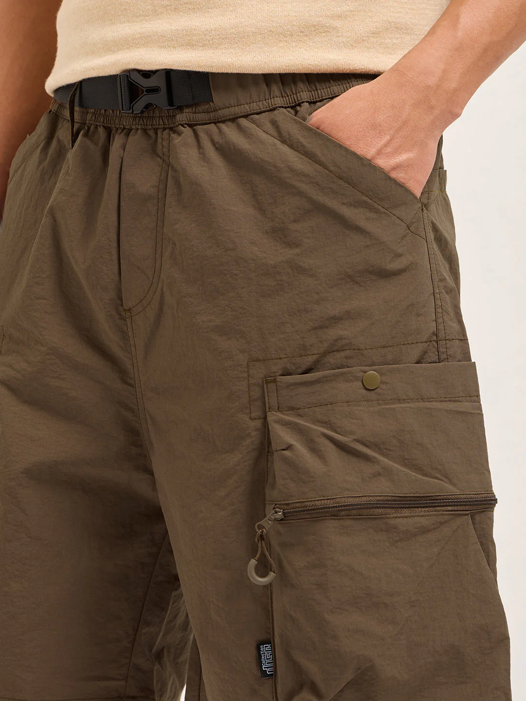 Men Brown Solid Polyester Cargo Shorts - Image 5