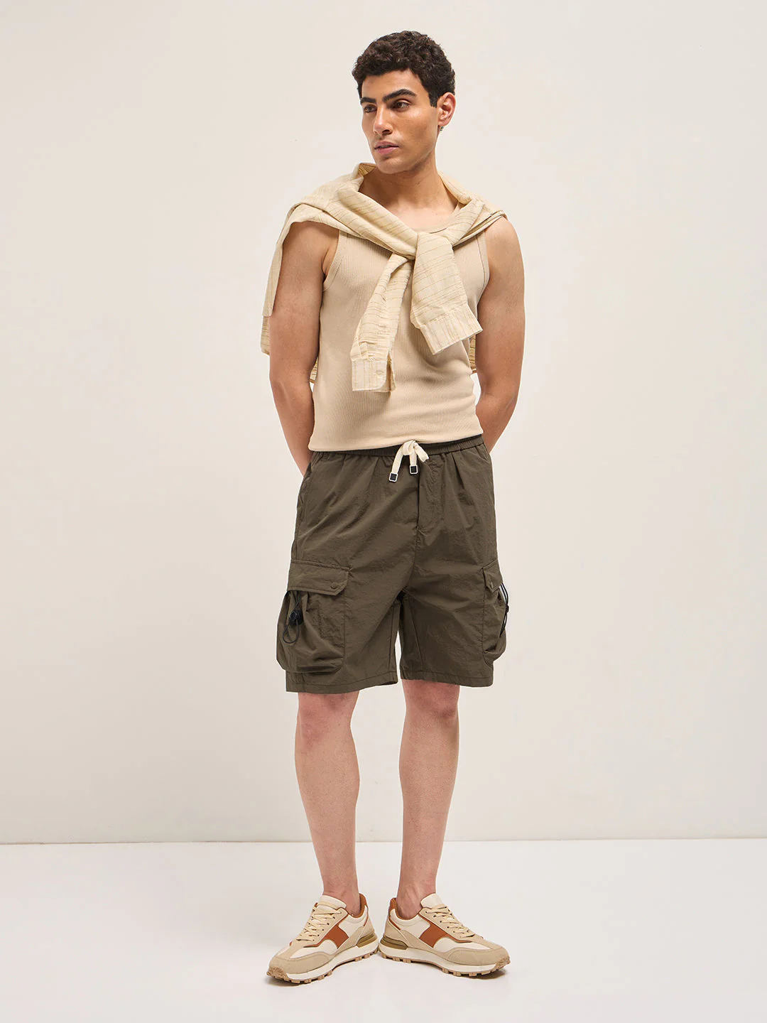 Men Brown Solid Polyester Regular Fit Knee-Length Cargo Shorts - Image 4