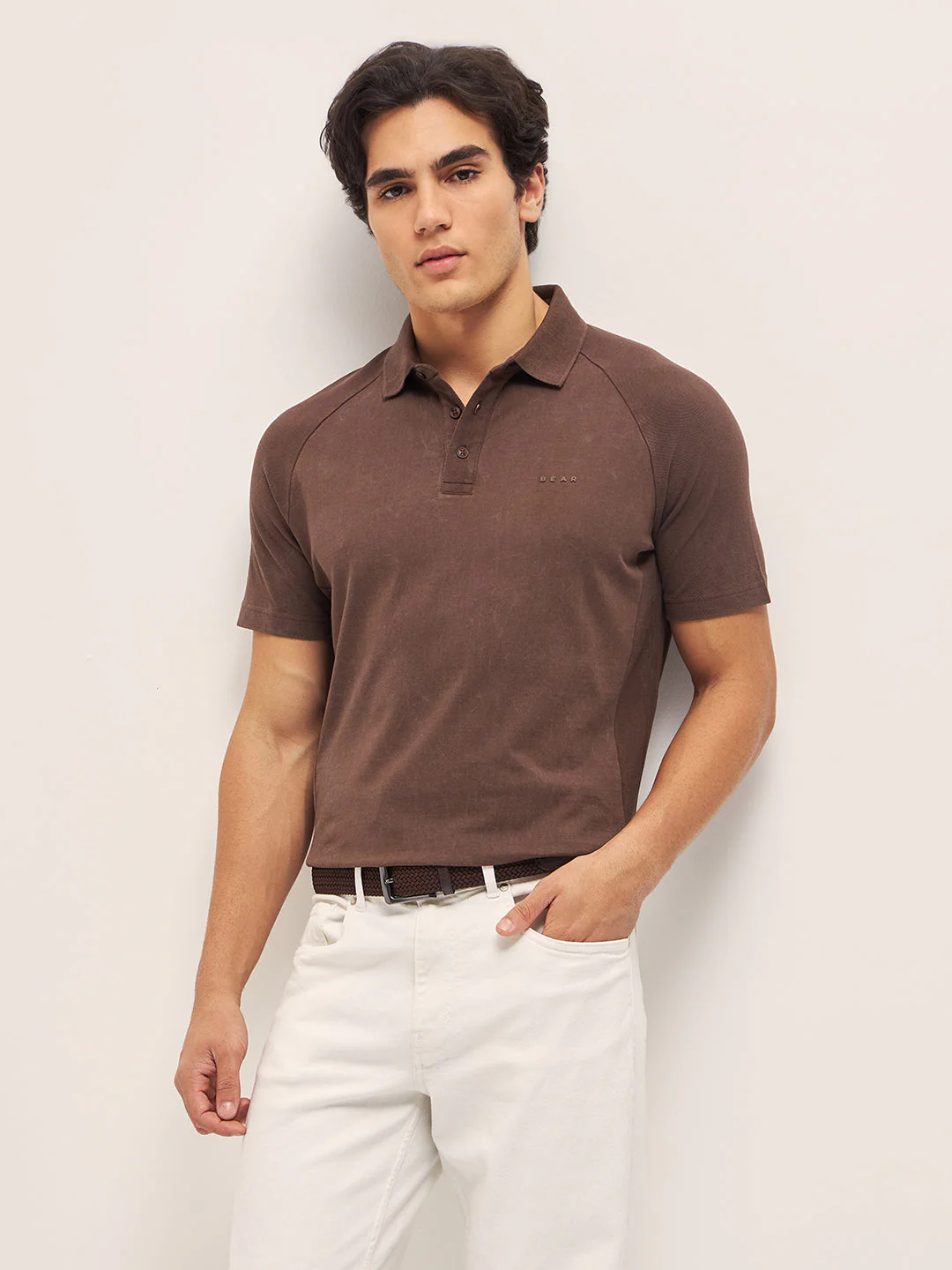Men Brown Solid Regular Fit Polo Collar T-shirt