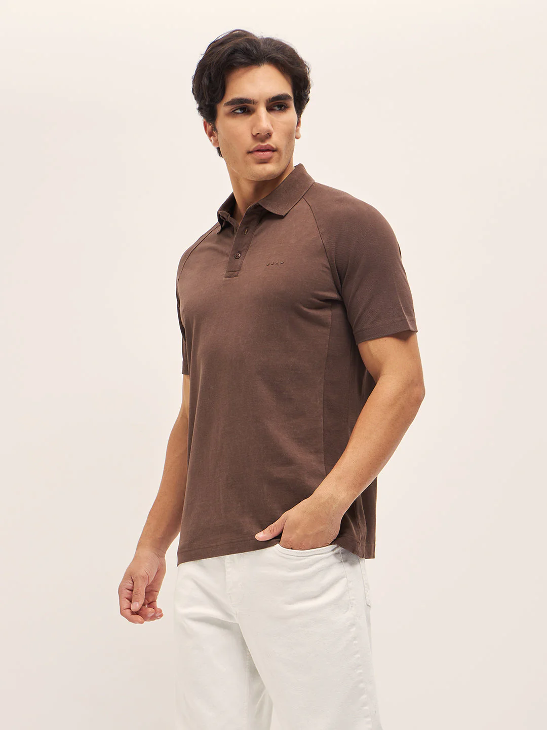 Men Brown Solid Regular Fit Polo Collar T-shirt - Image 3