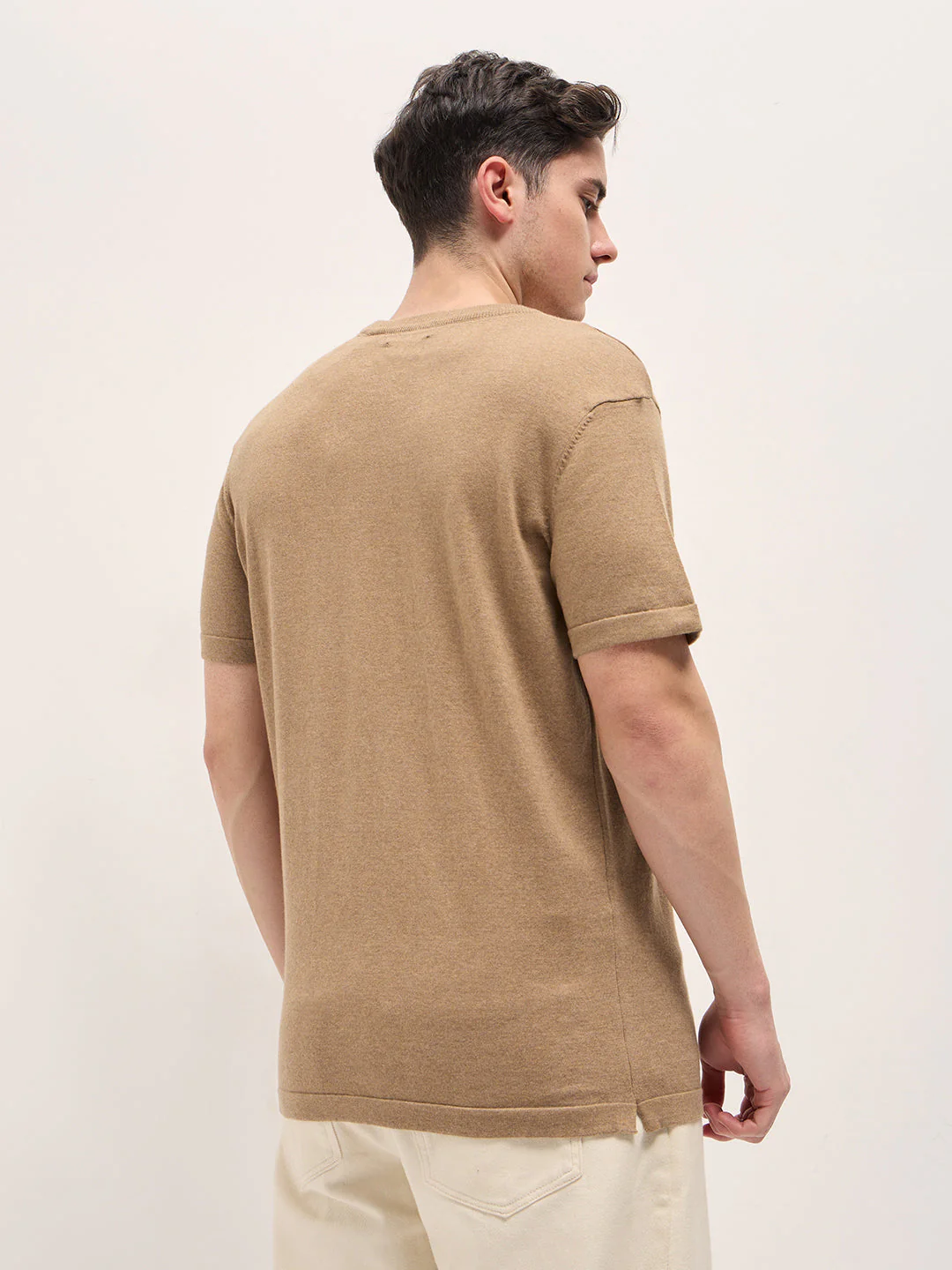 Men Brown Solid Regular Fit Ribbed Crew Neck T-shirt - Image 2