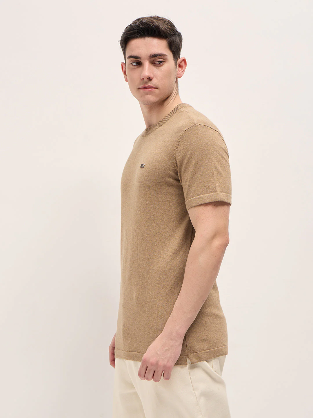 Men Brown Solid Regular Fit Ribbed Crew Neck T-shirt - Image 3