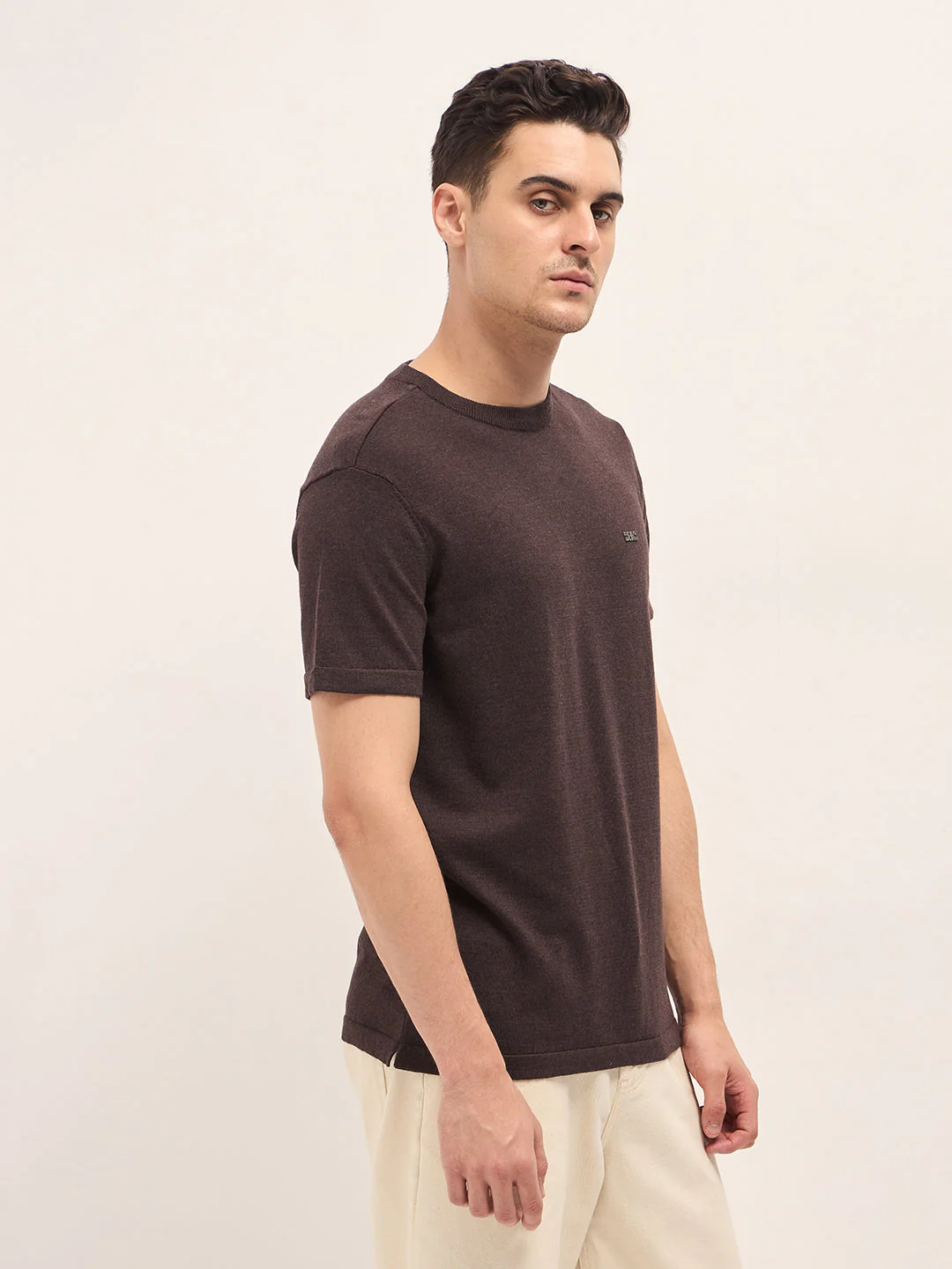 Men Brown Solid Regular Fit Ribbed Crew Neck T-shirt - Image 3