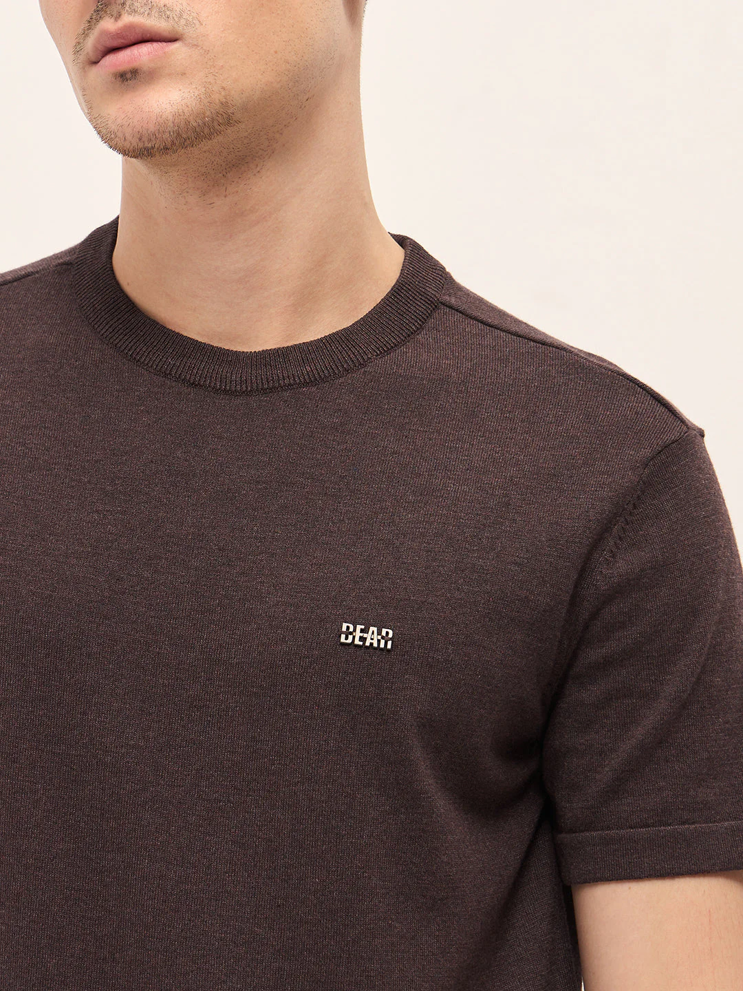 Men Brown Solid Regular Fit Ribbed Crew Neck T-shirt - Image 5
