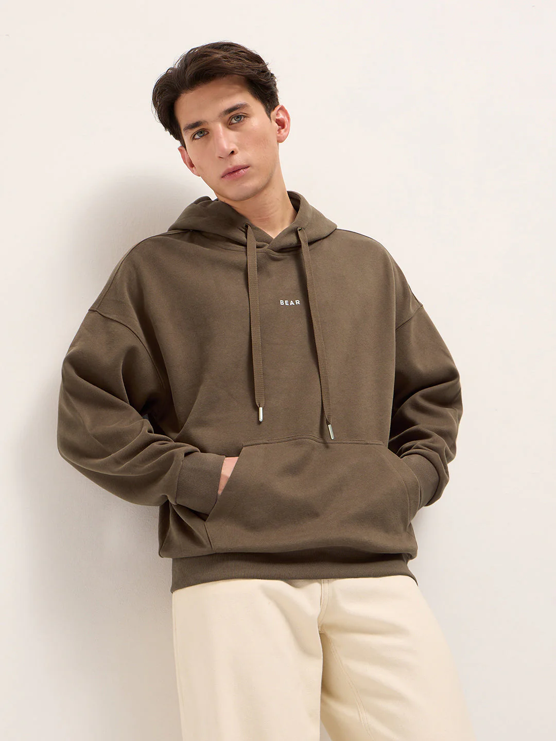 Men Brown Solid Relax Fit Hoodie