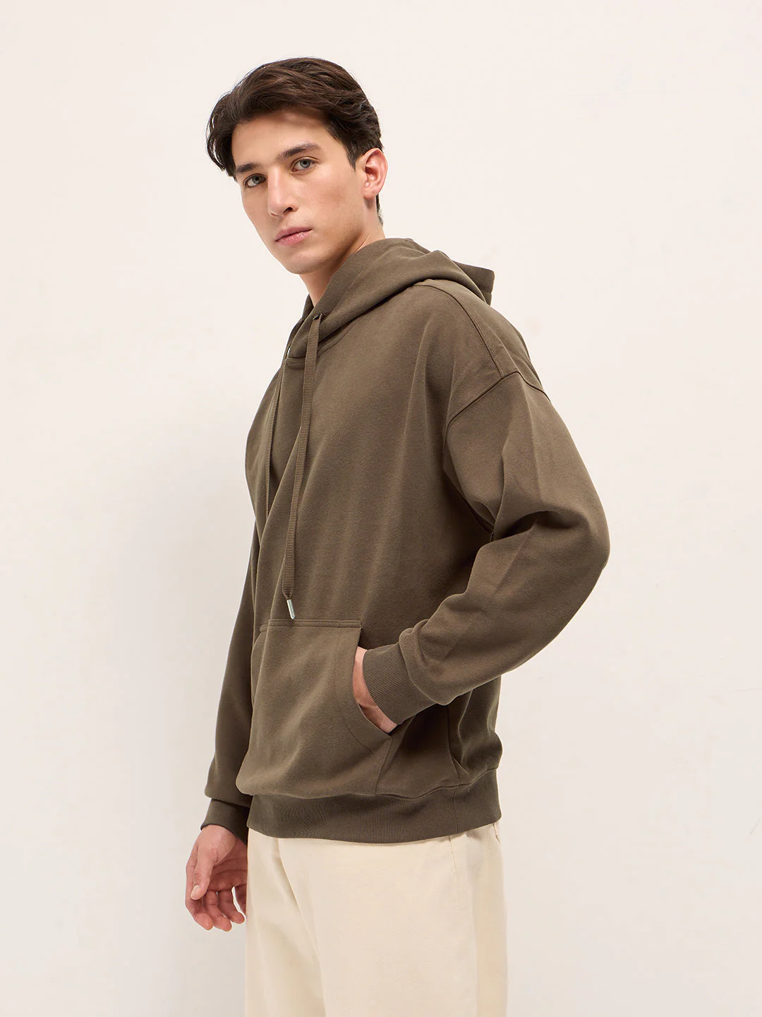 Men Brown Solid Relax Fit Hoodie - Image 3