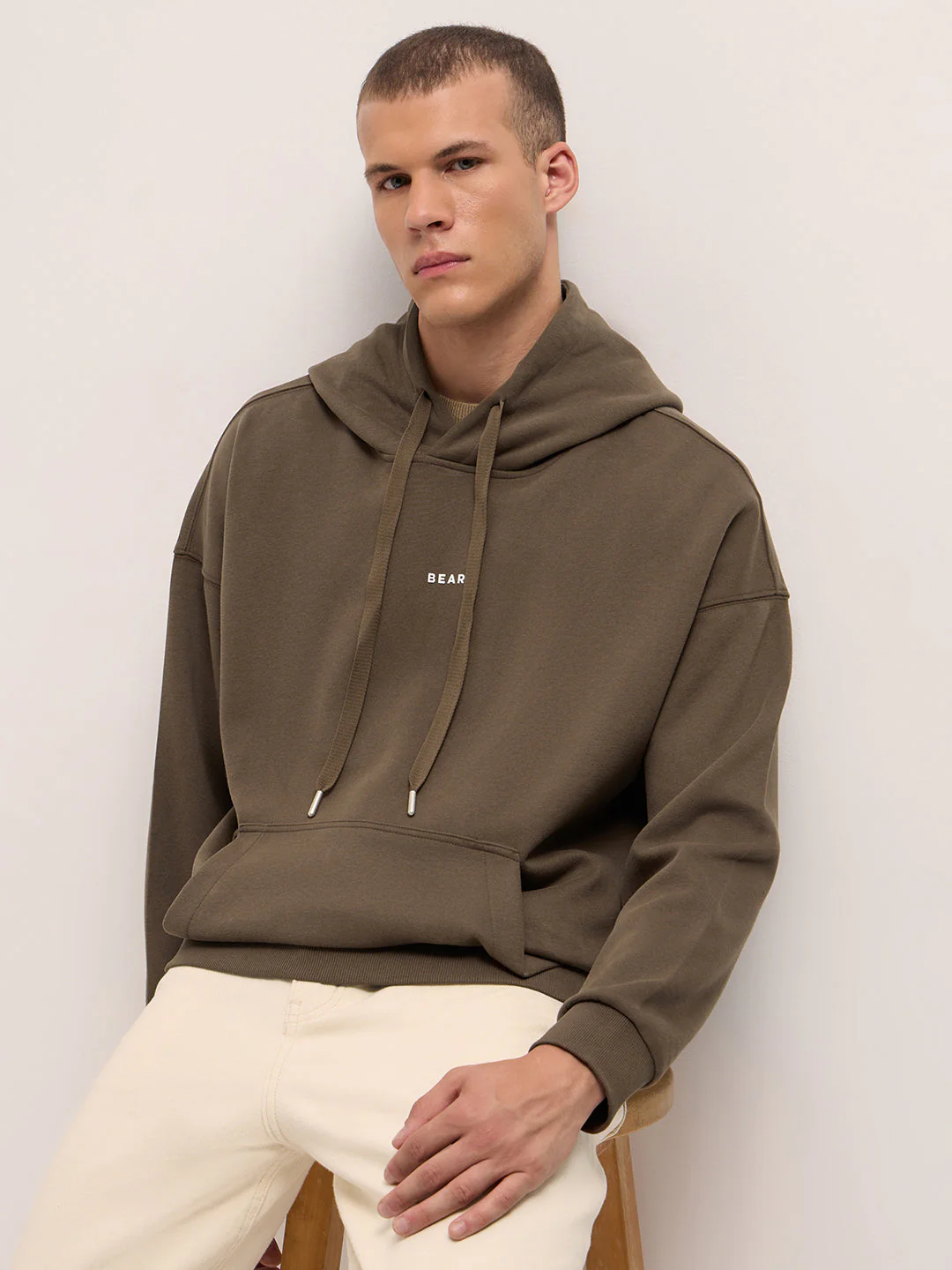 Men Brown Solid Relax Fit Hoodie