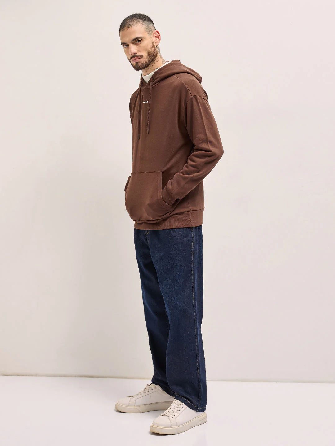 Men Brown Solid Relax Fit Hoodie - Image 3