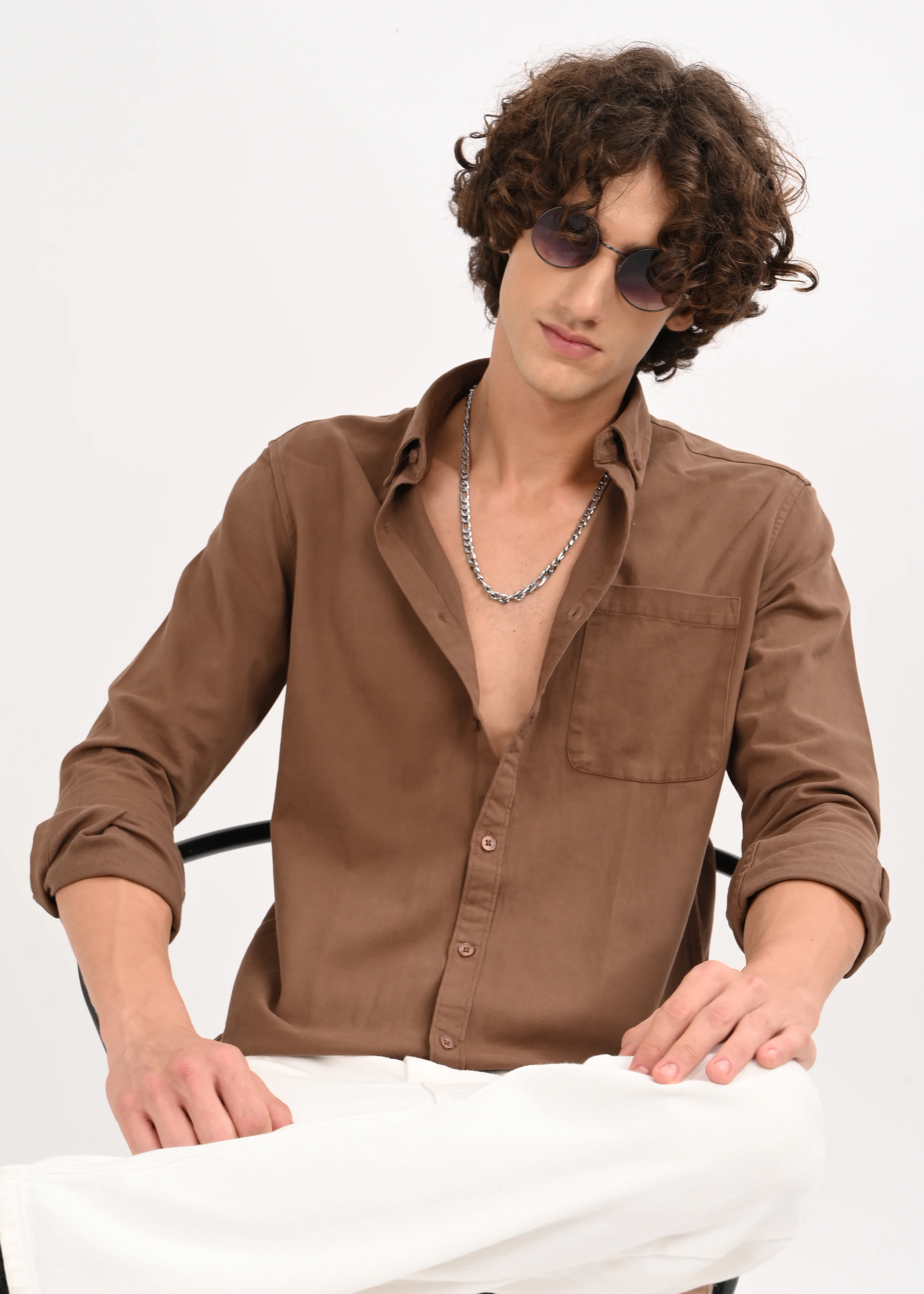 Men Brown Solid Shirt - Image 4