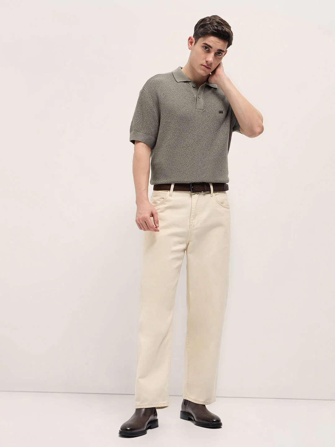 Men Brown Solid Texture Knit Design Regular Fit Polo - Image 4