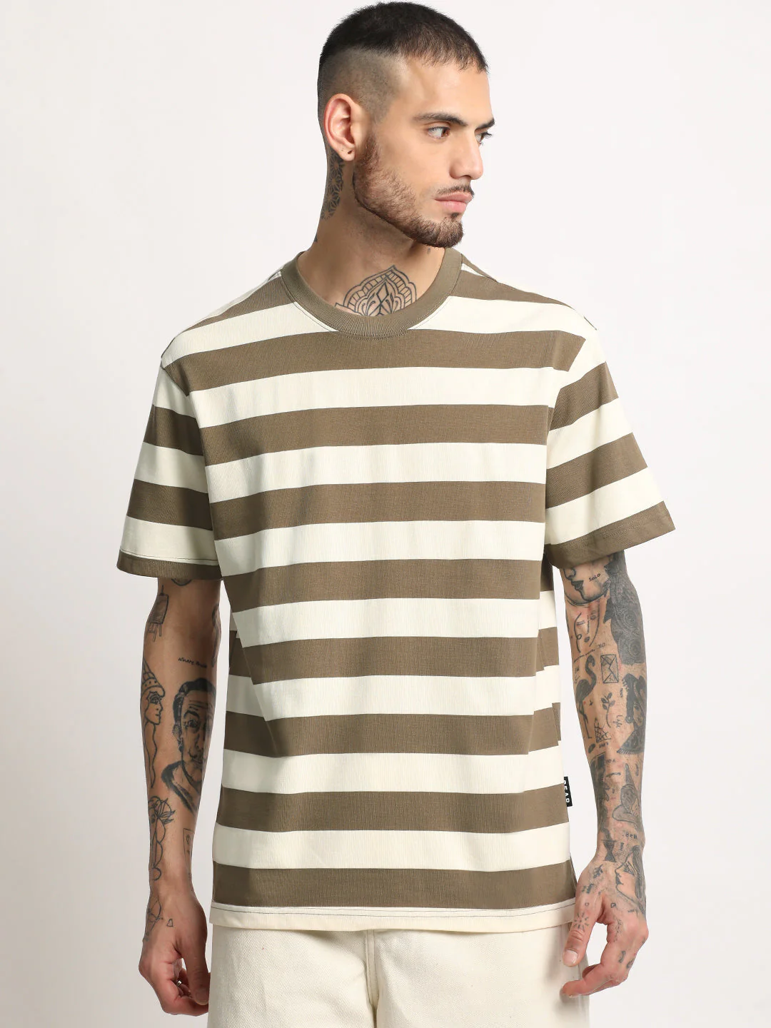 Men Brown Stripe Round Neck T-shirt - Image 2
