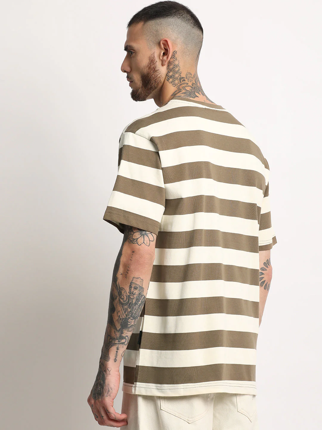 Men Brown Stripe Round Neck T-shirt - Image 4