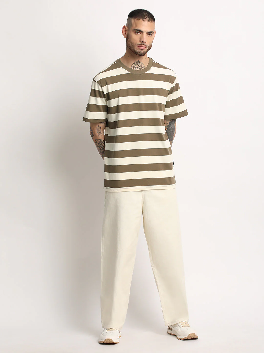Men Brown Stripe Round Neck T-shirt - Image 5