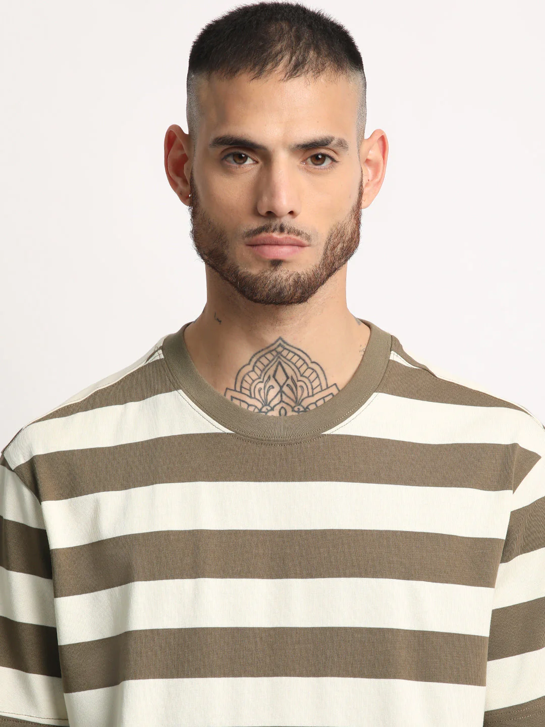 Men Brown Stripe Round Neck T-shirt - Image 6