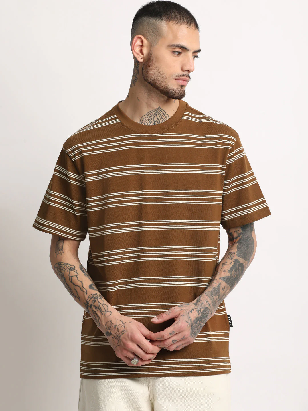 Men  Brown Stripe Round Neck T-shirt - Image 2