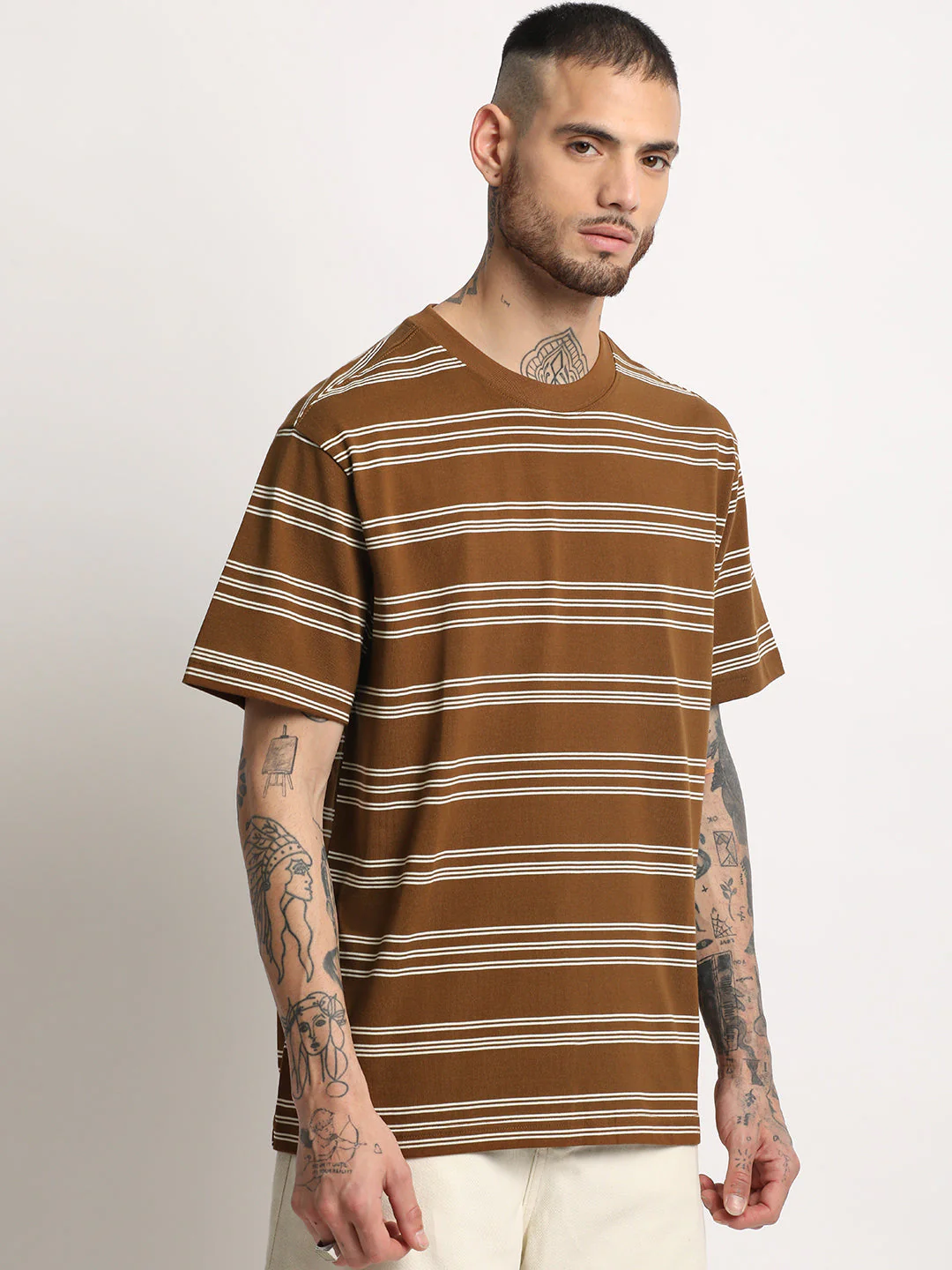 Men  Brown Stripe Round Neck T-shirt - Image 3