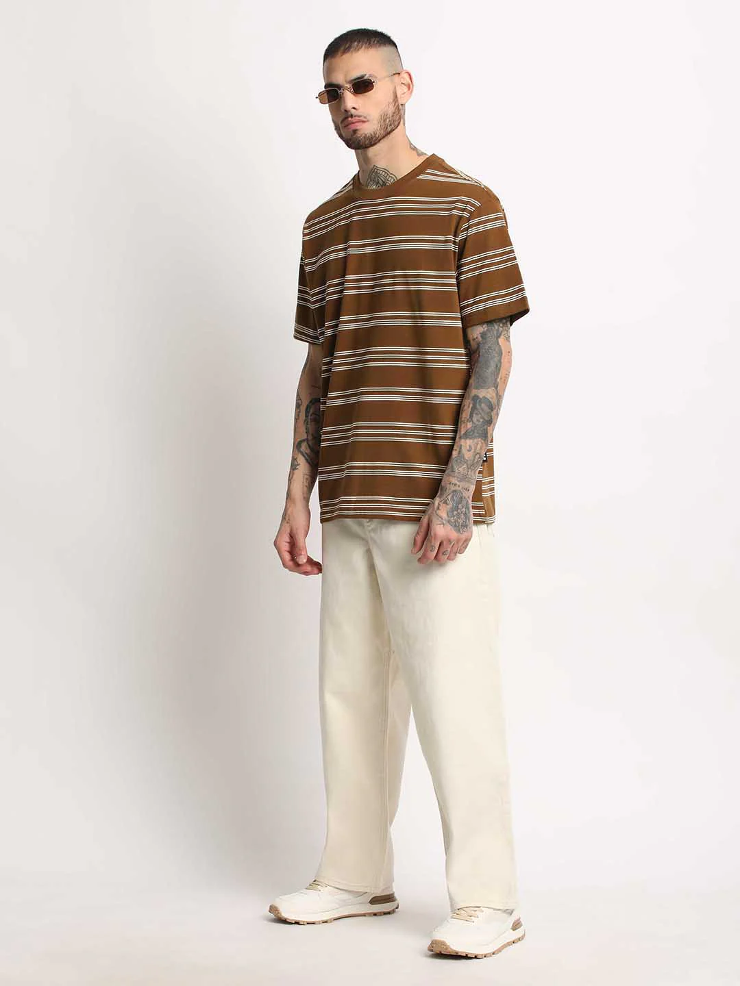 Men  Brown Stripe Round Neck T-shirt - Image 5