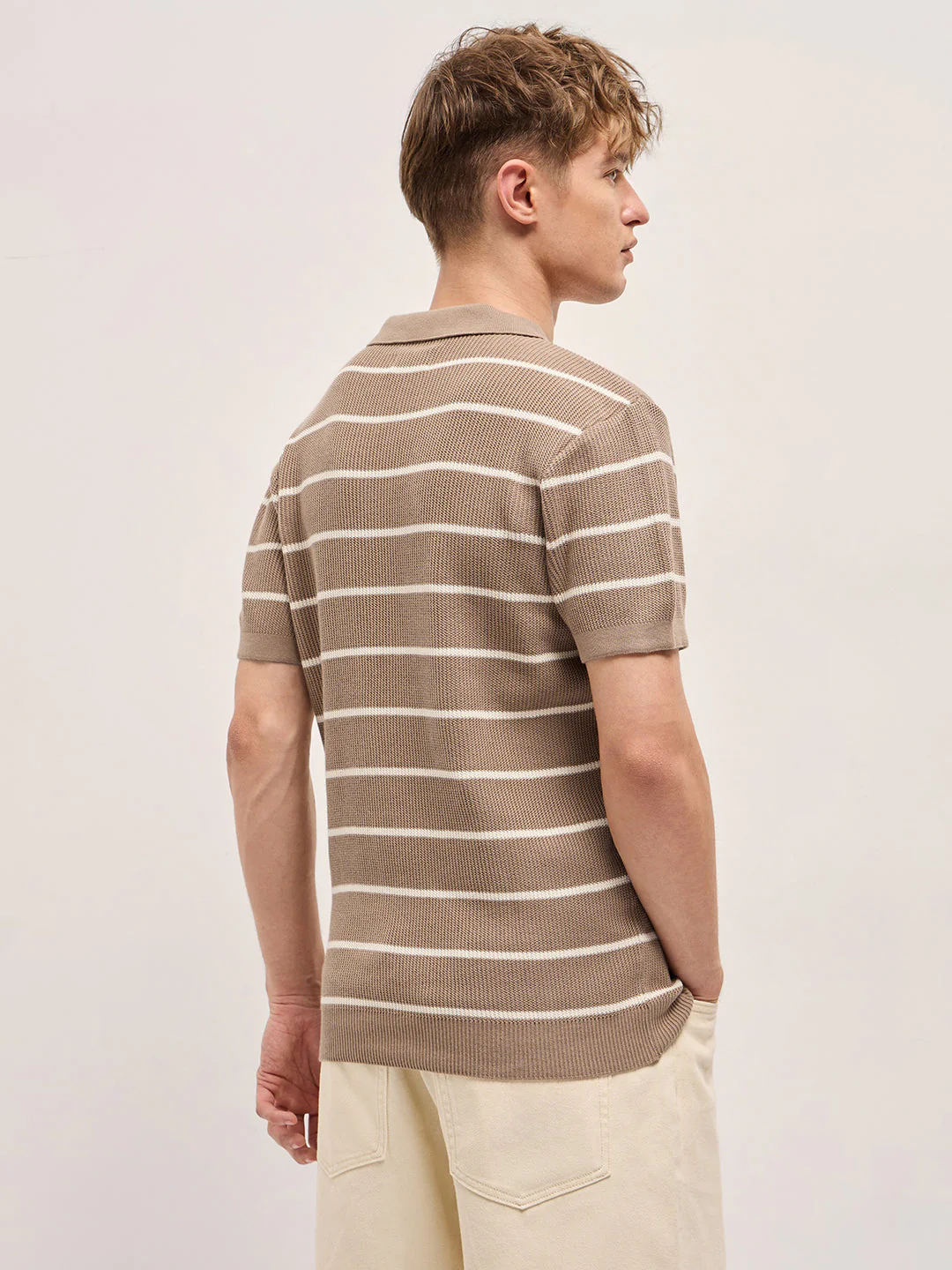 Men Brown Texture Horizontal Stripes Slim Fit Polo - Image 2