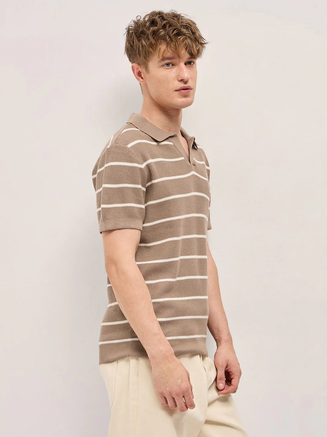 Men Brown Texture Horizontal Stripes Slim Fit Polo - Image 3