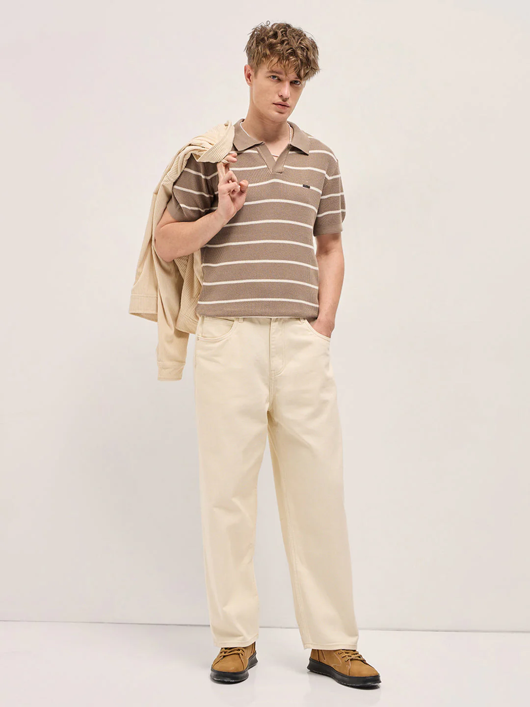 Men Brown Texture Horizontal Stripes Slim Fit Polo - Image 4