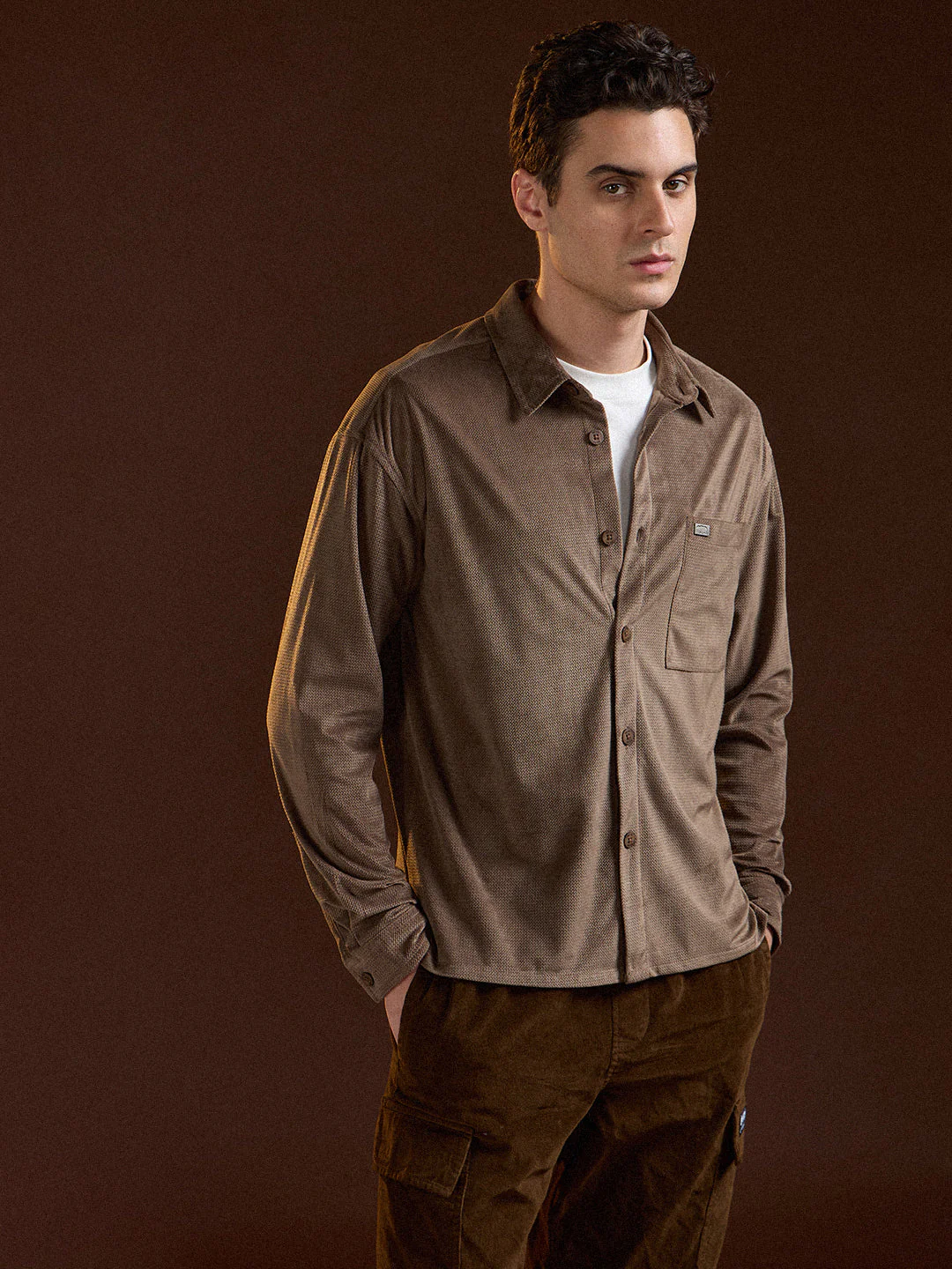 Men Brown Texture Pattern Relaxed Fit Overshirt