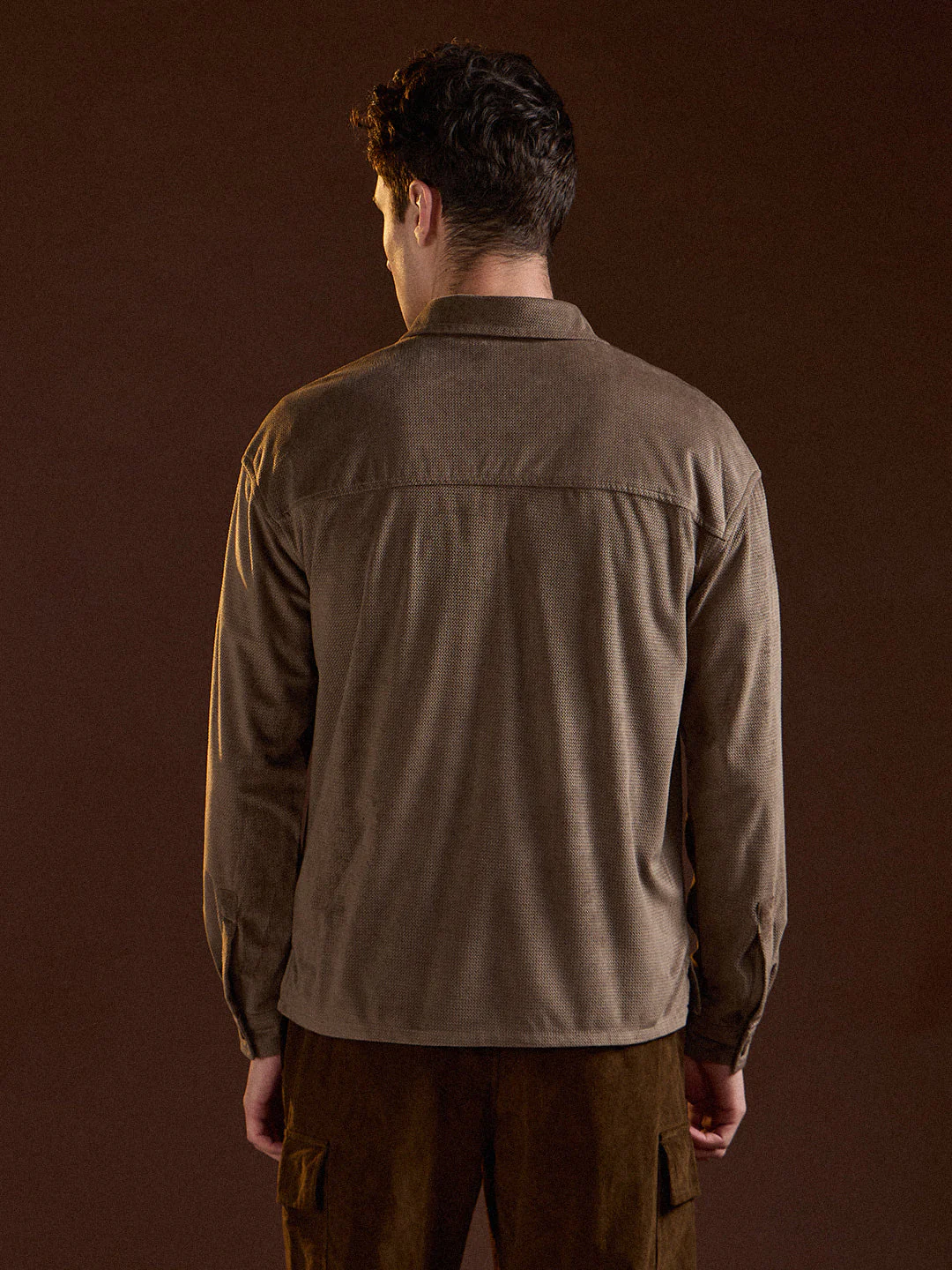 Men Brown Texture Pattern Relaxed Fit Overshirt - Image 2