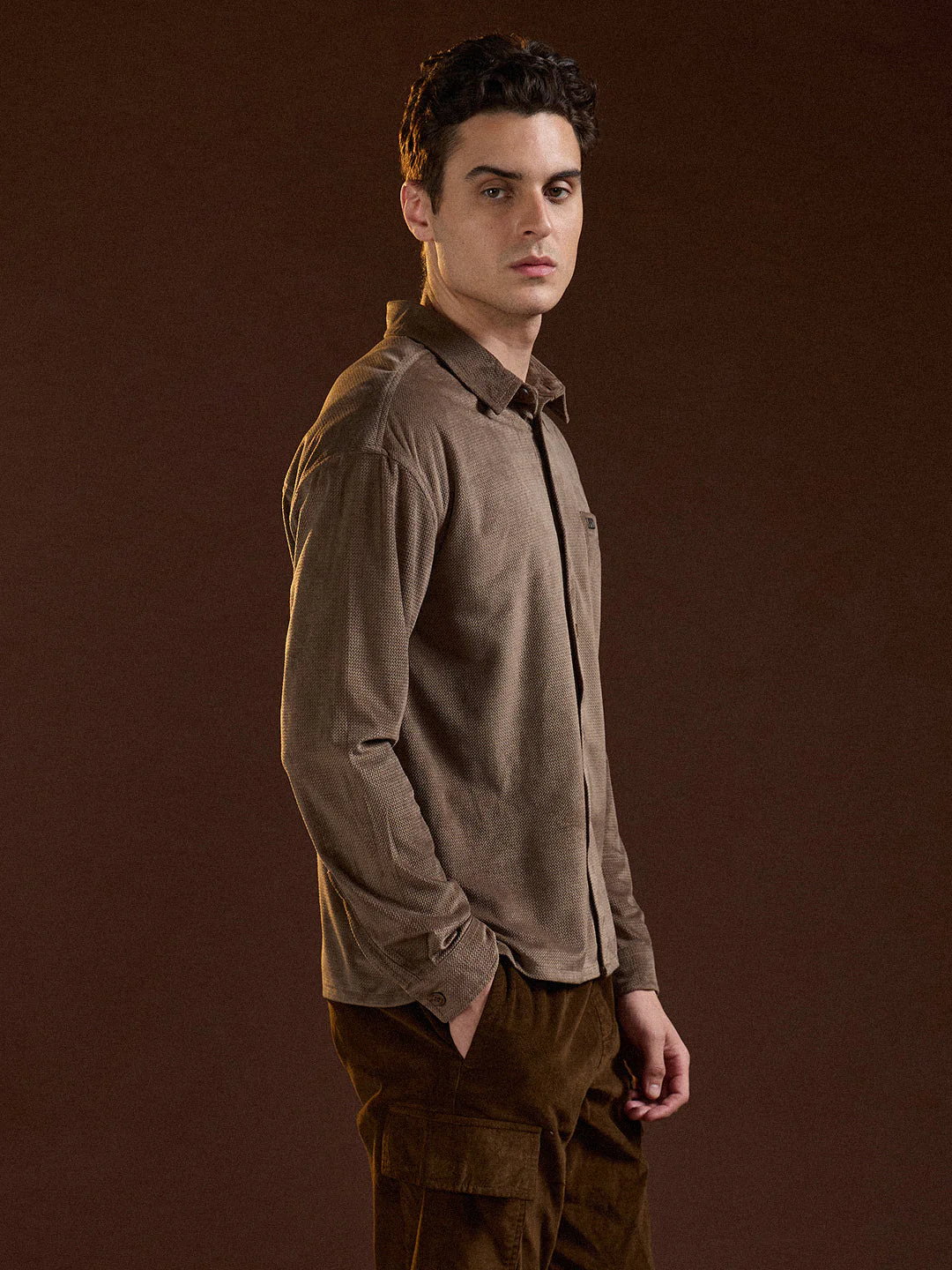 Men Brown Texture Pattern Relaxed Fit Overshirt - Image 3