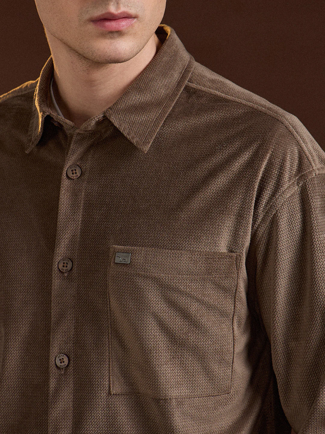 Men Brown Texture Pattern Relaxed Fit Overshirt - Image 5