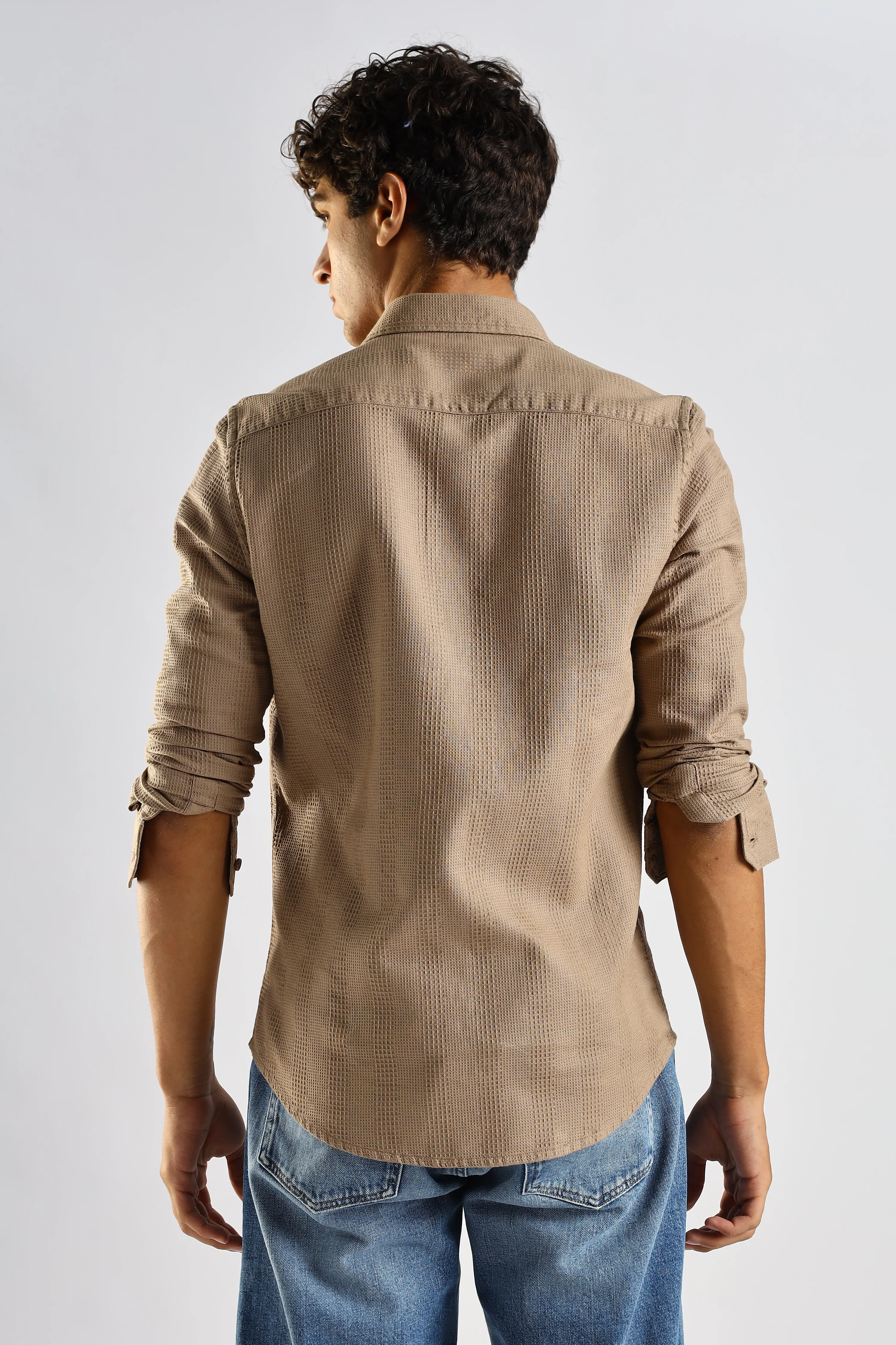 Men Brown Textured Cotton Shirt - Image 2