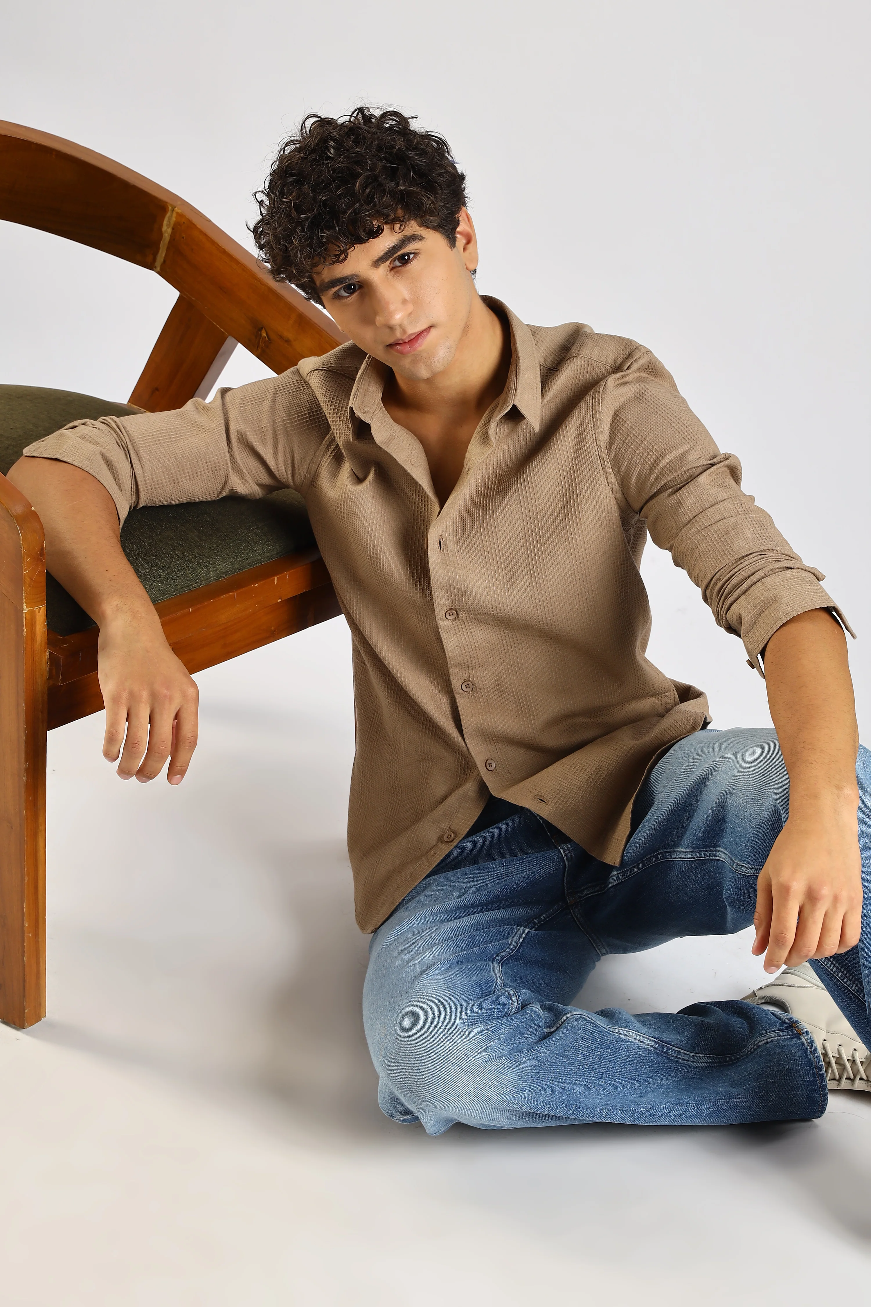 Men Brown Textured Cotton Shirt - Image 3