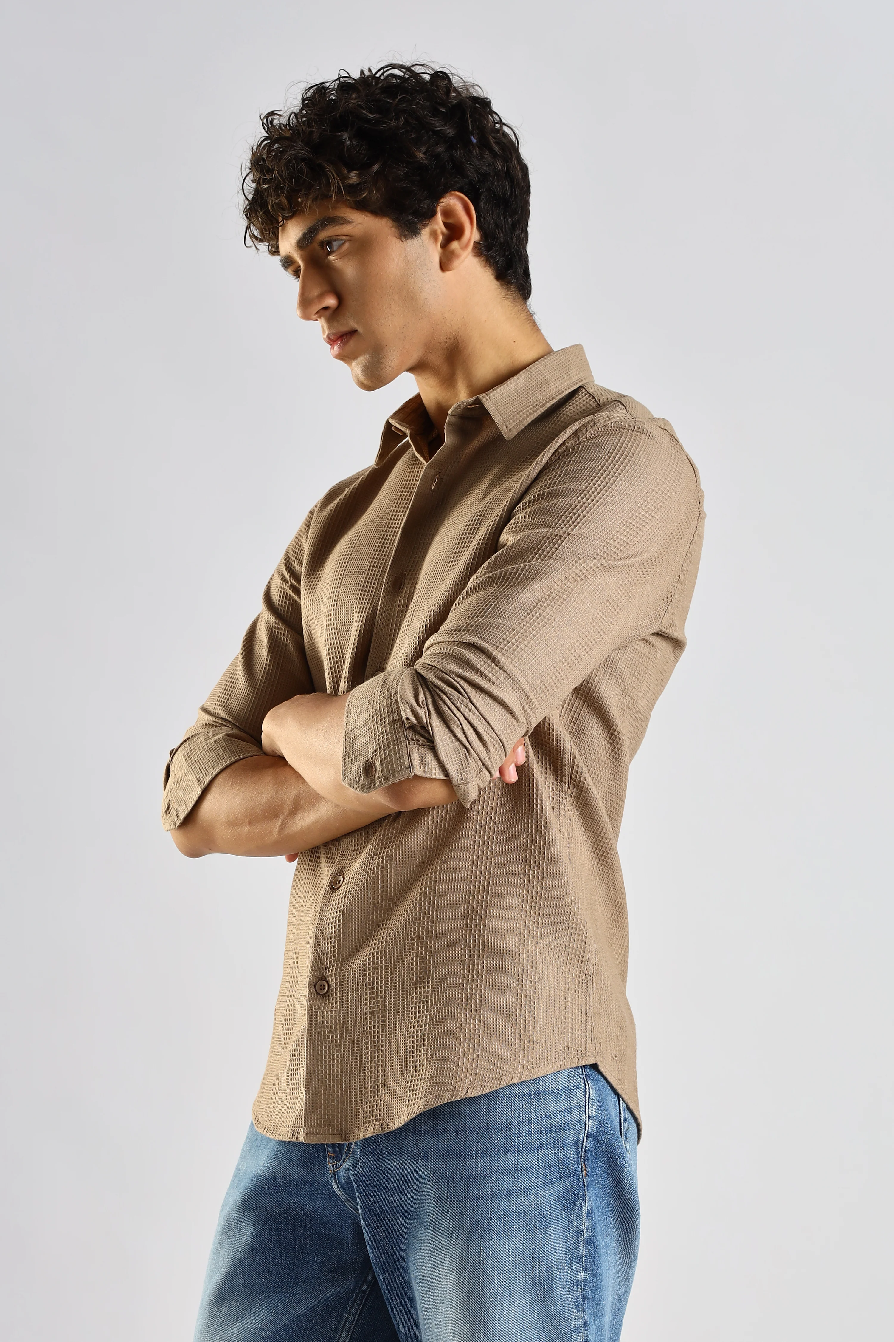 Men Brown Textured Cotton Shirt - Image 6