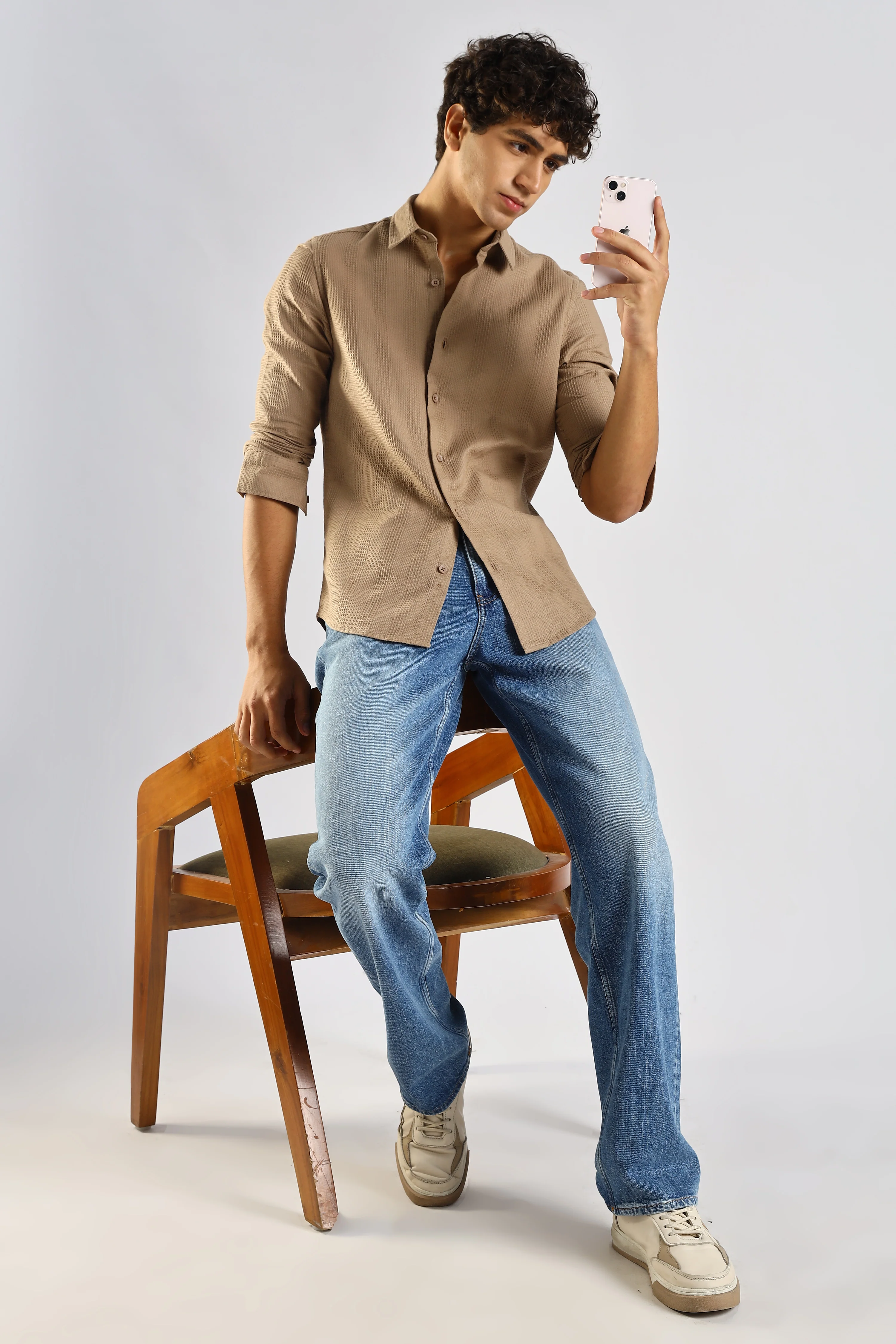 Men Brown Textured Cotton Shirt - Image 7