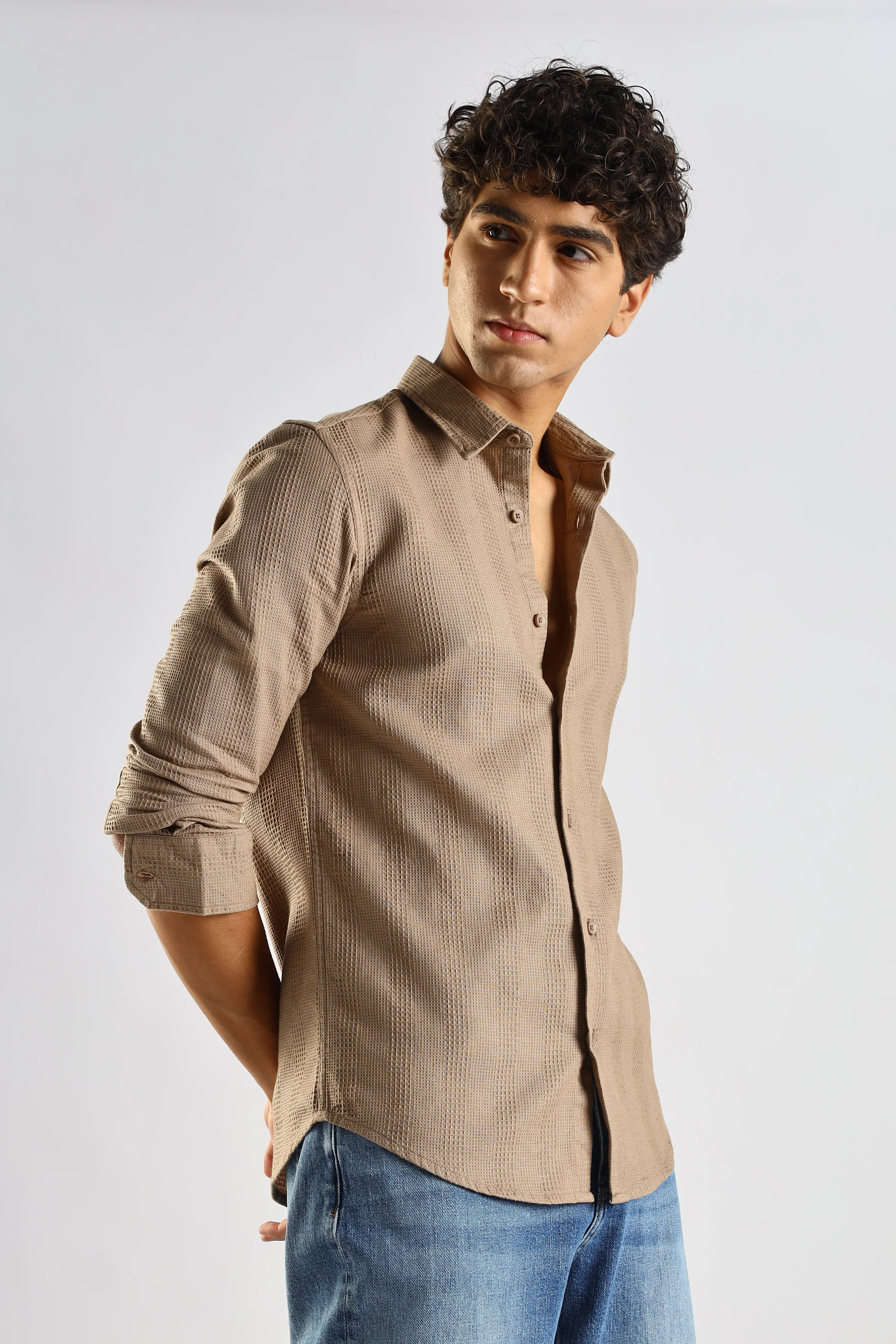 Men Brown Textured Cotton Shirt - Image 8