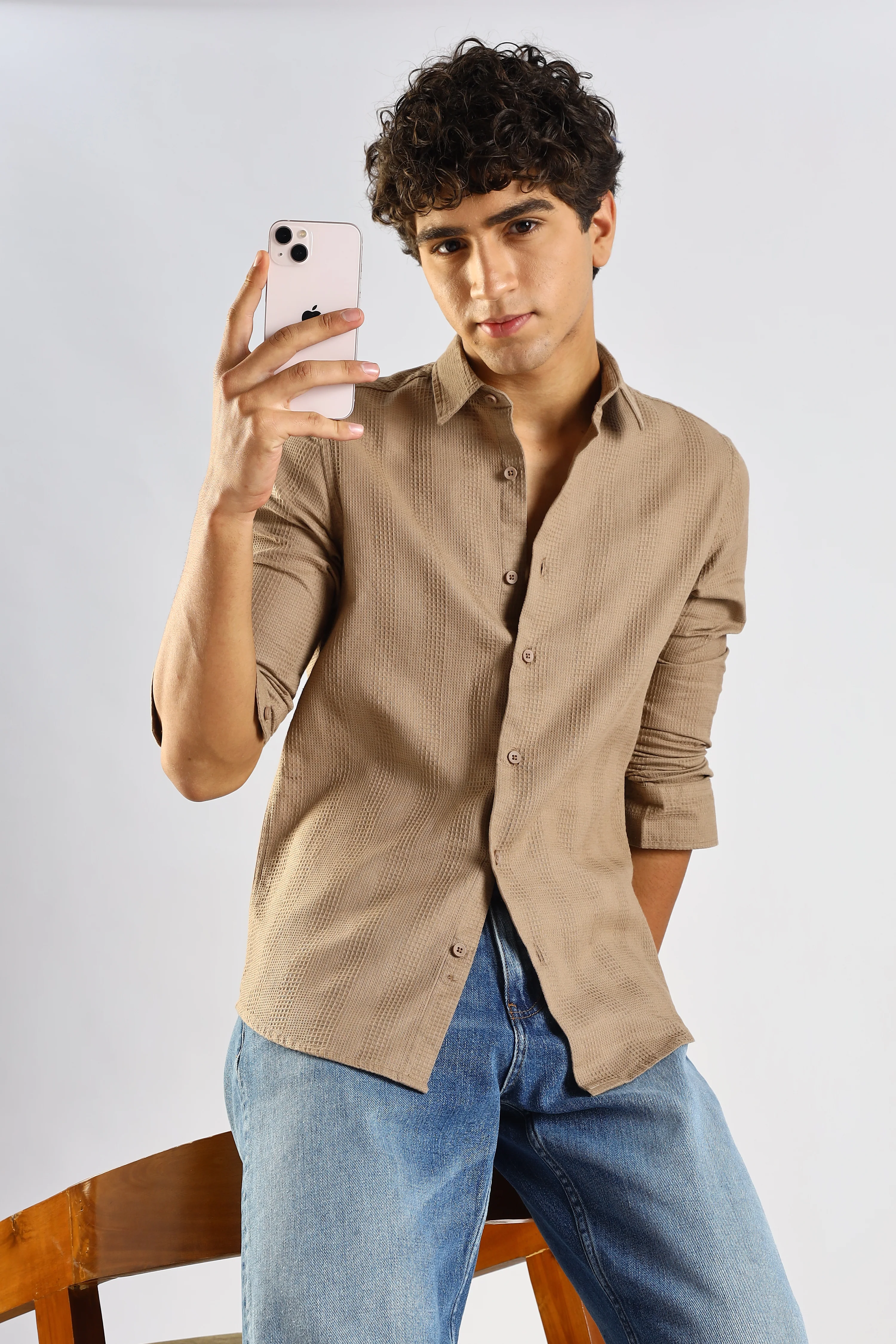 Men Brown Textured Cotton Shirt - Image 9