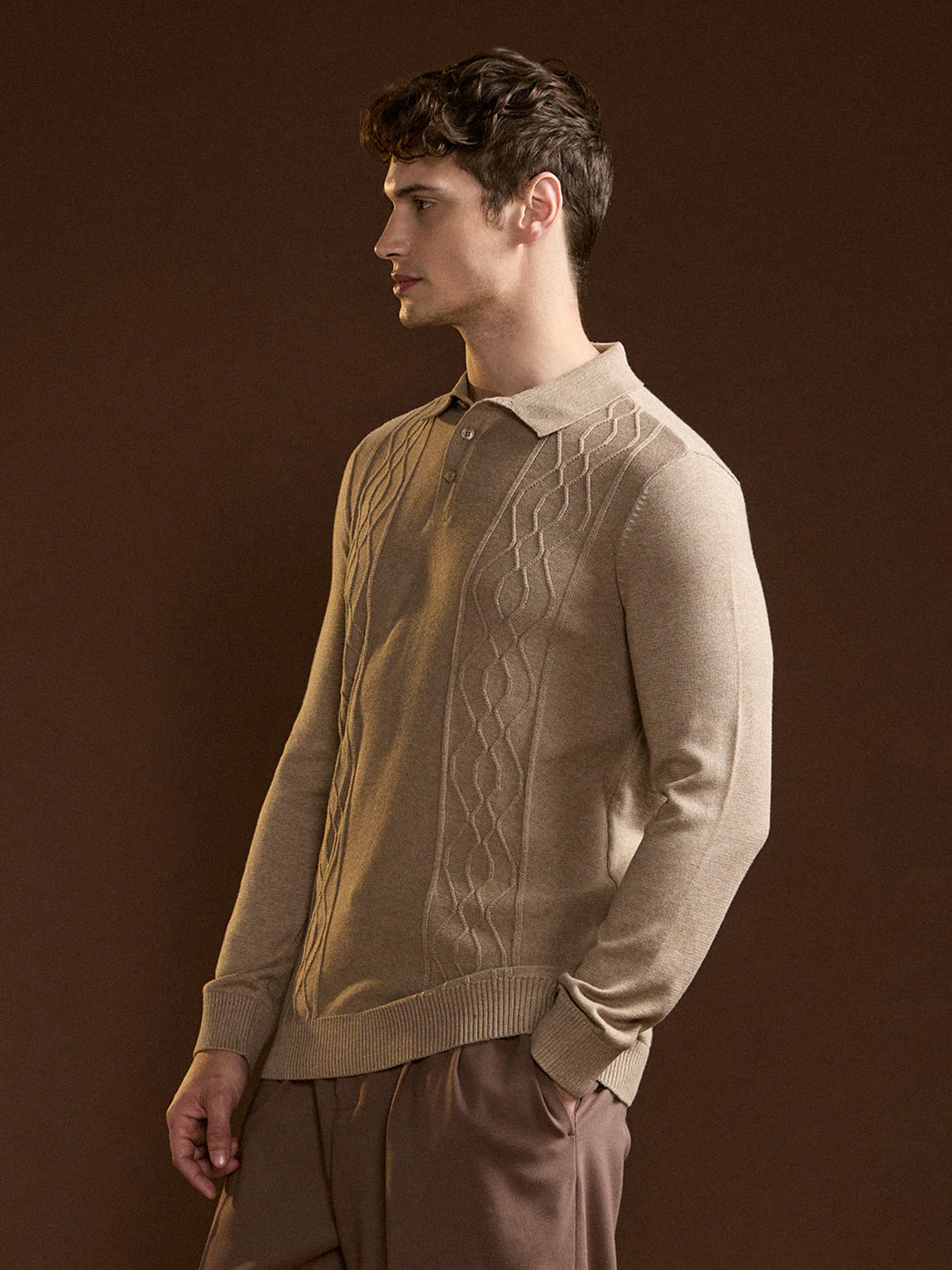 Men Brown Textured Geometrical Design Regular Fit Polo - Image 3