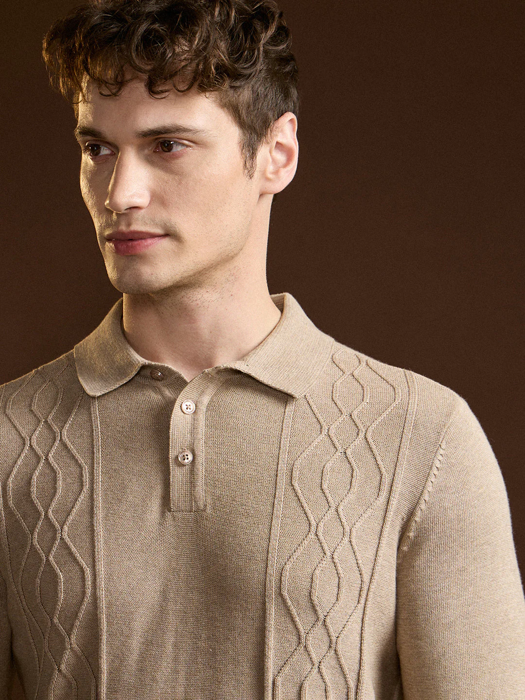 Men Brown Textured Geometrical Design Regular Fit Polo - Image 5