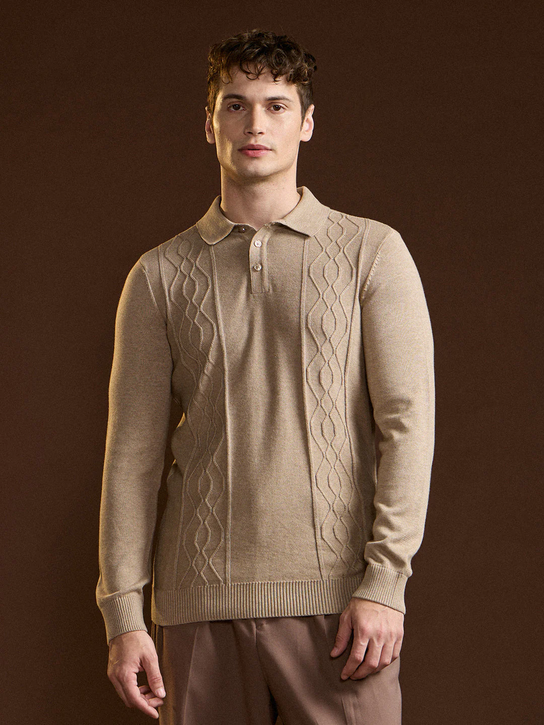 Men Brown Textured Geometrical Design Regular Fit Polo - Image 6
