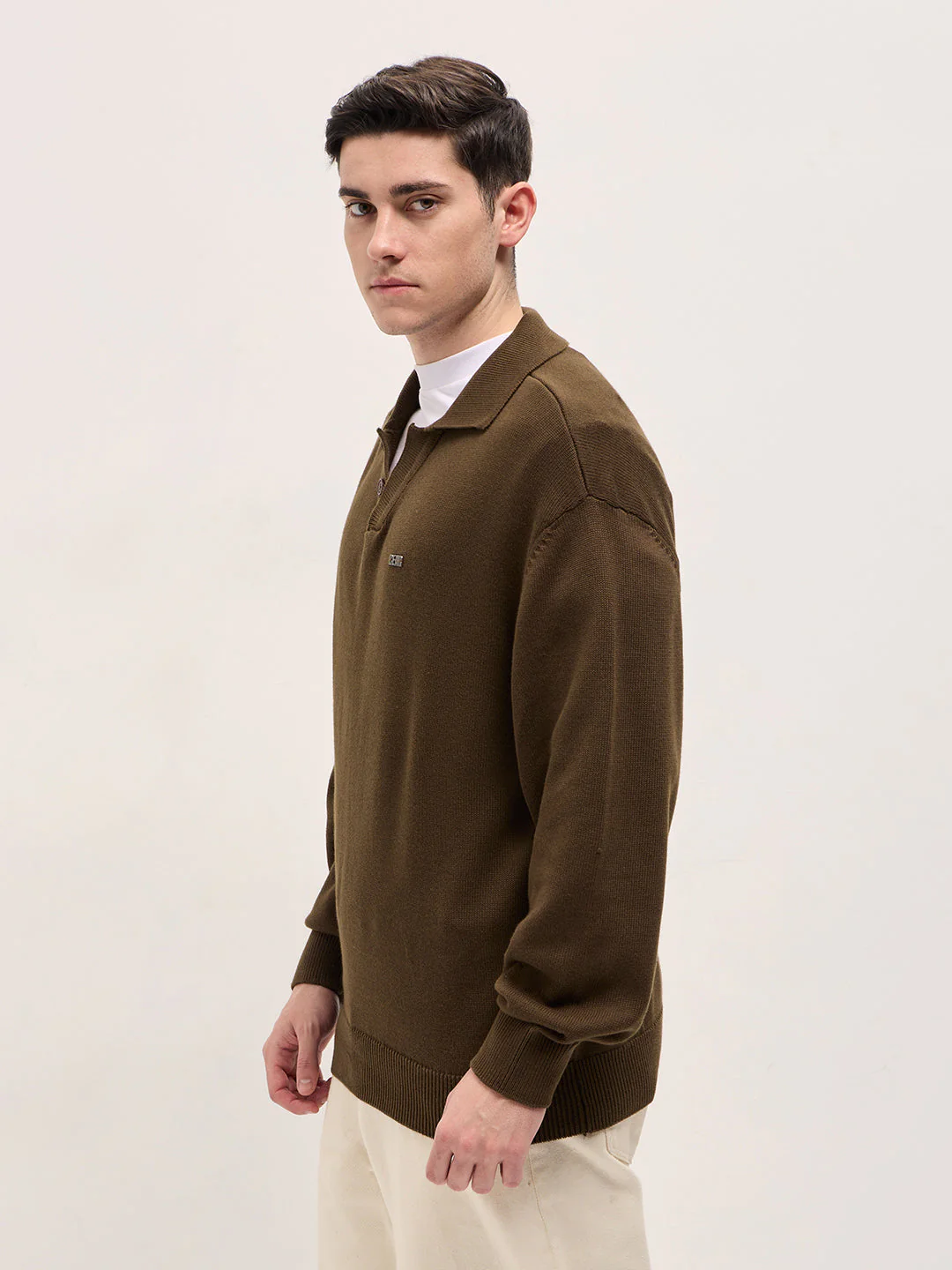Men Brown Textured Knit Relaxed Fit Polo - Image 3