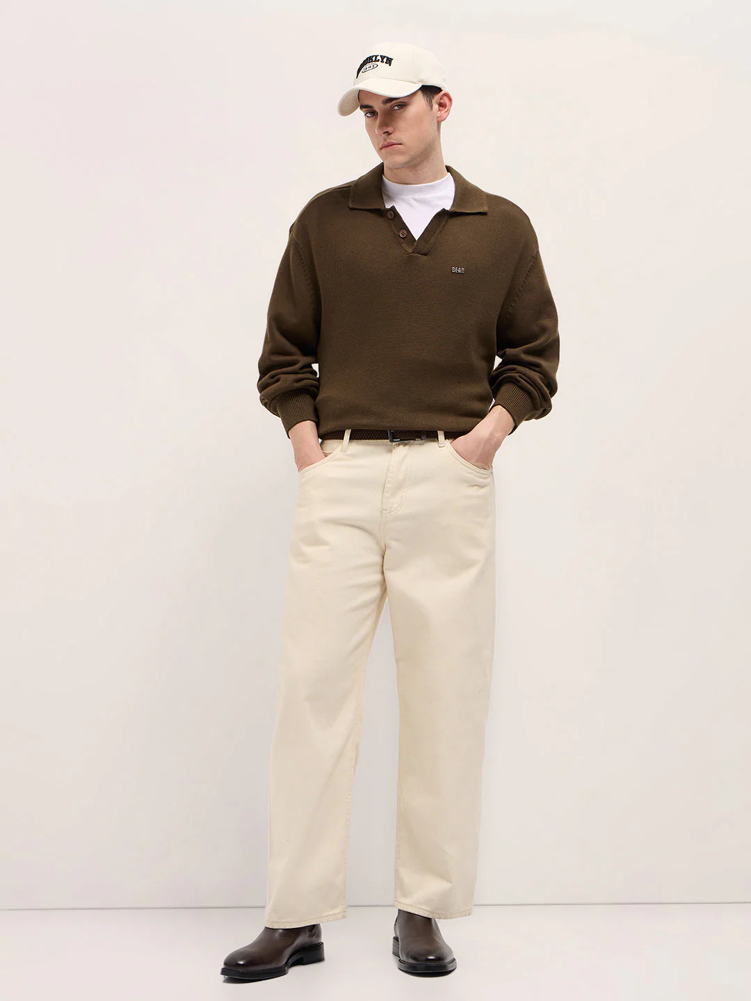Men Brown Textured Knit Relaxed Fit Polo - Image 4
