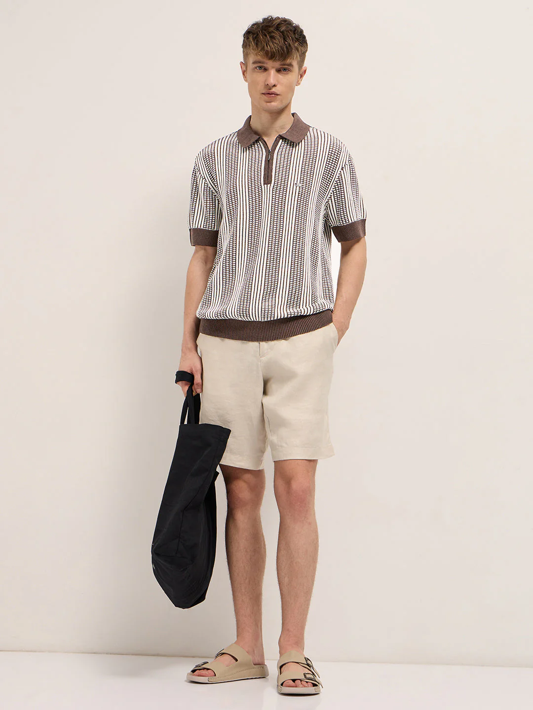 Men Brown Vertical Textured Flat Knit Slim Fit Polo Shirt - Image 4