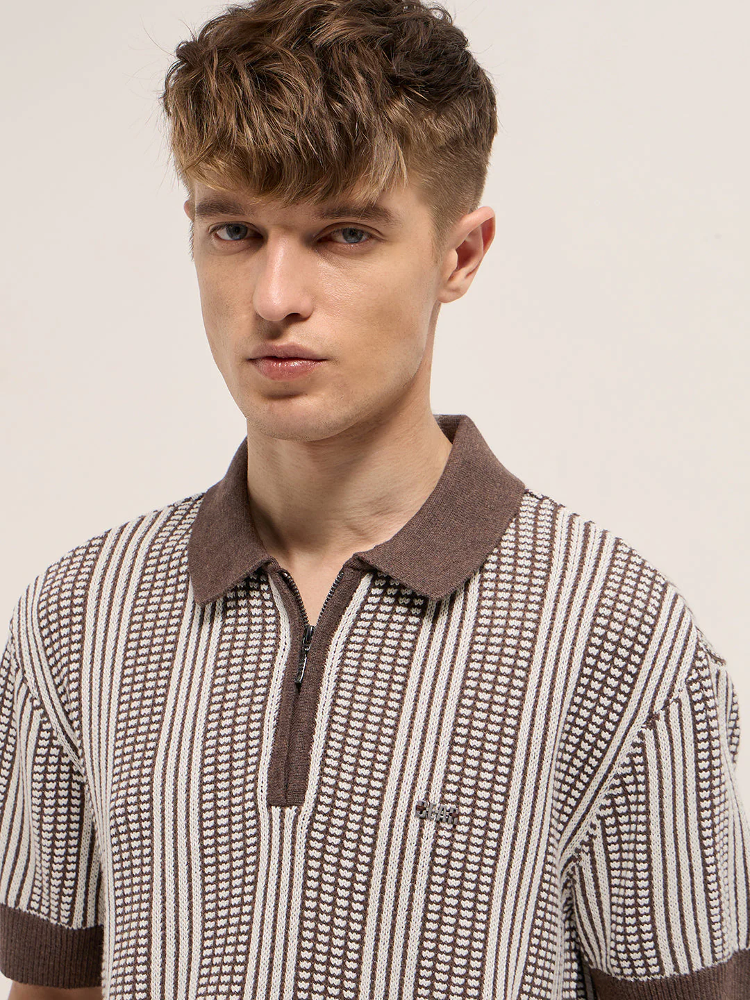 Men Brown Vertical Textured Flat Knit Slim Fit Polo Shirt - Image 5