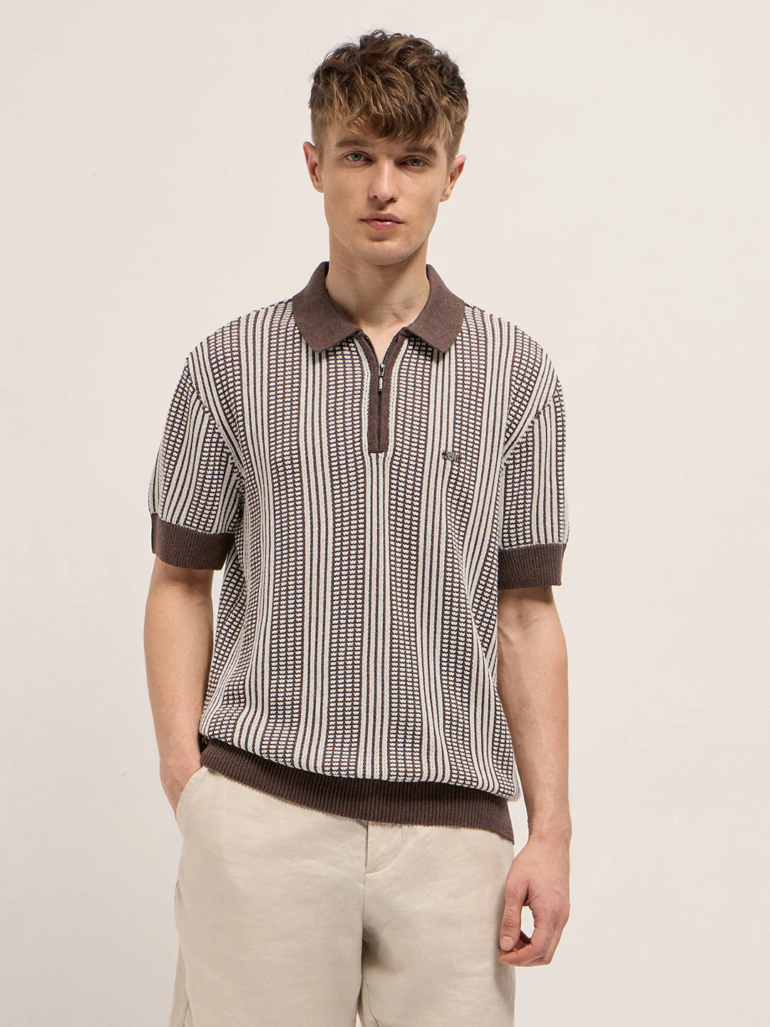 Men Brown Vertical Textured Flat Knit Slim Fit Polo Shirt - Image 6