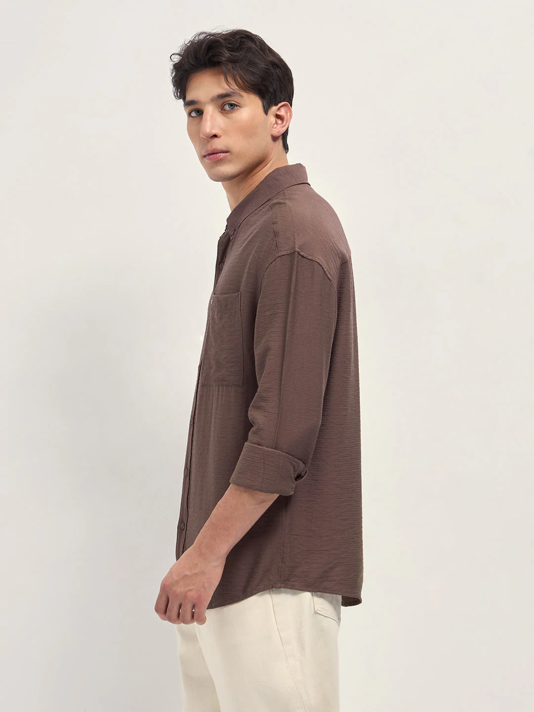 Men Brown Viscose Herringbone Design Relax Fit Casual shirt - Image 3
