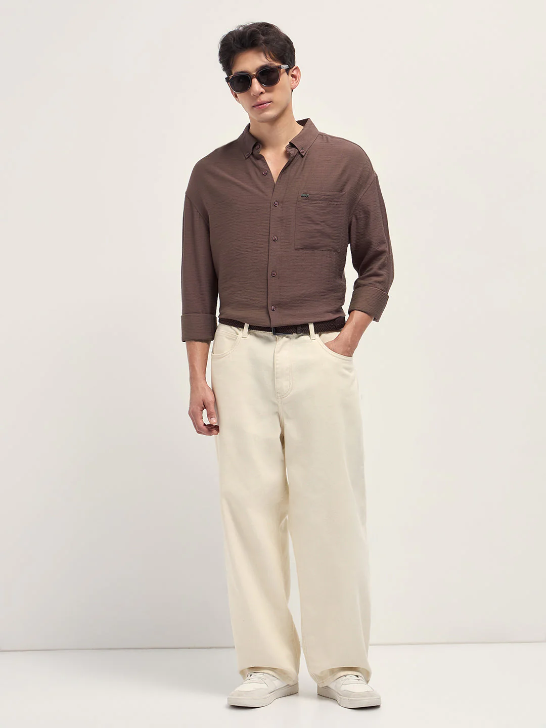Men Brown Viscose Herringbone Design Relax Fit Casual shirt - Image 4