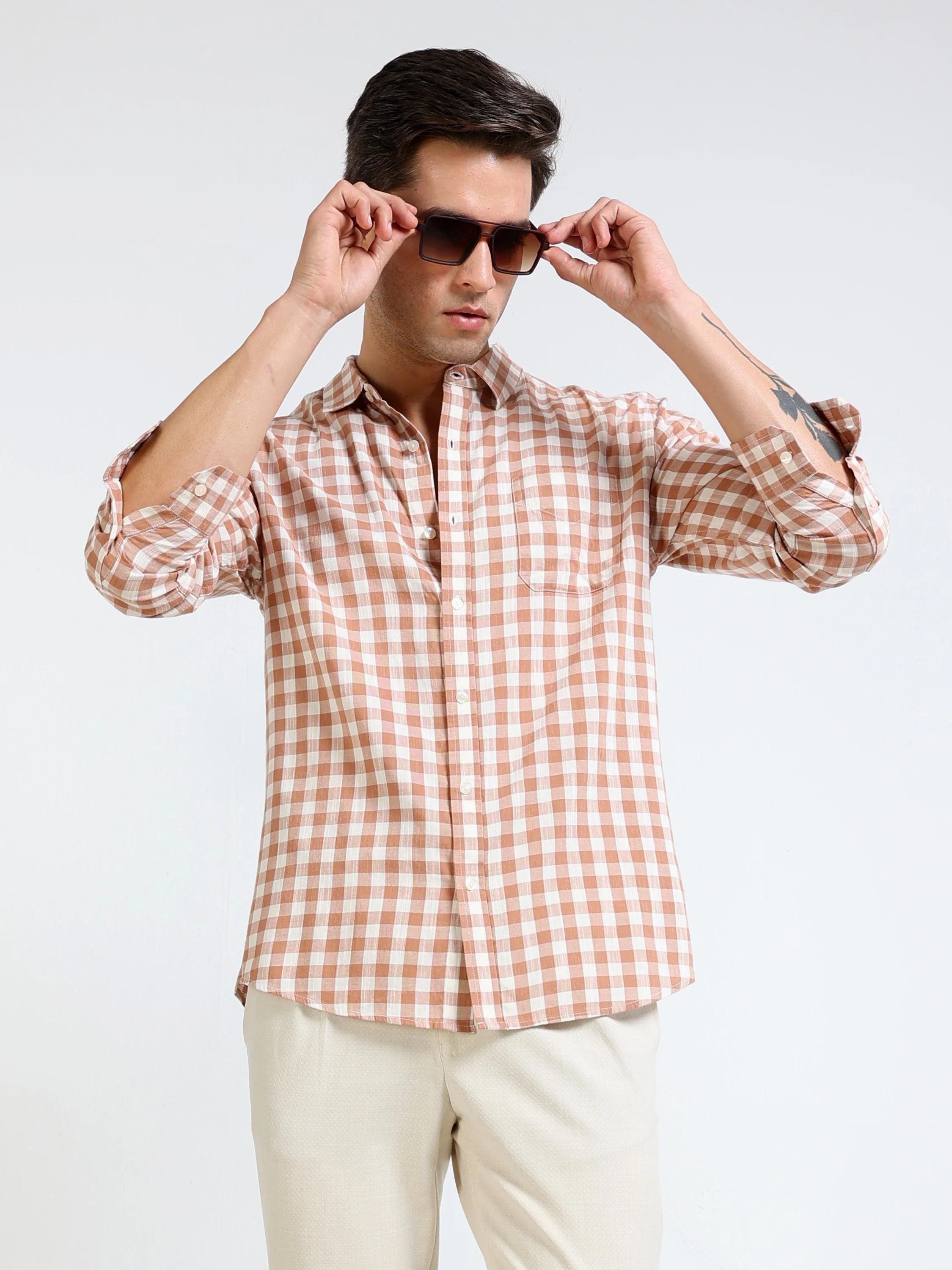 Men Brown & White Check Shirt - Image 2