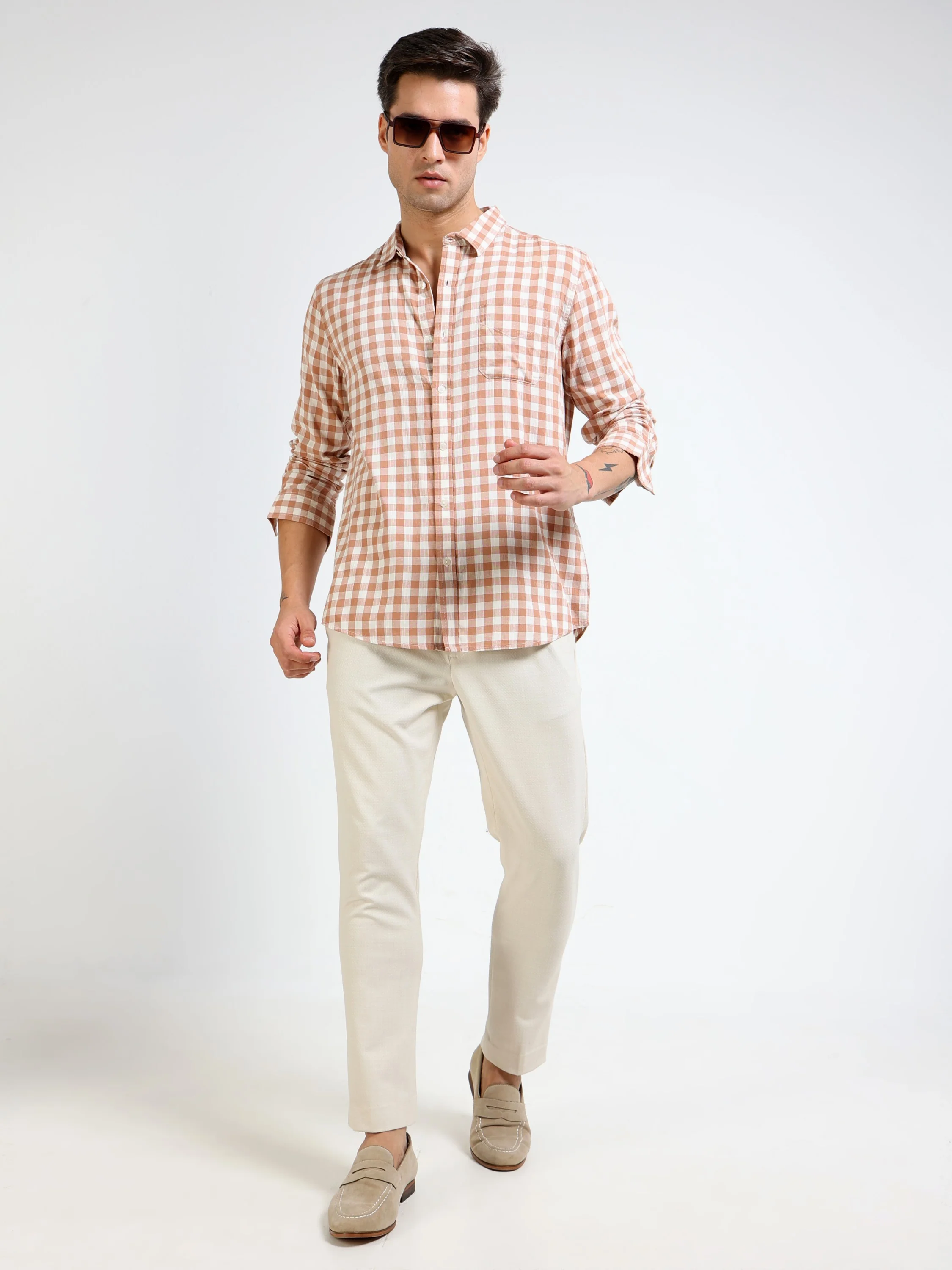 Men Brown & White Check Shirt - Image 3