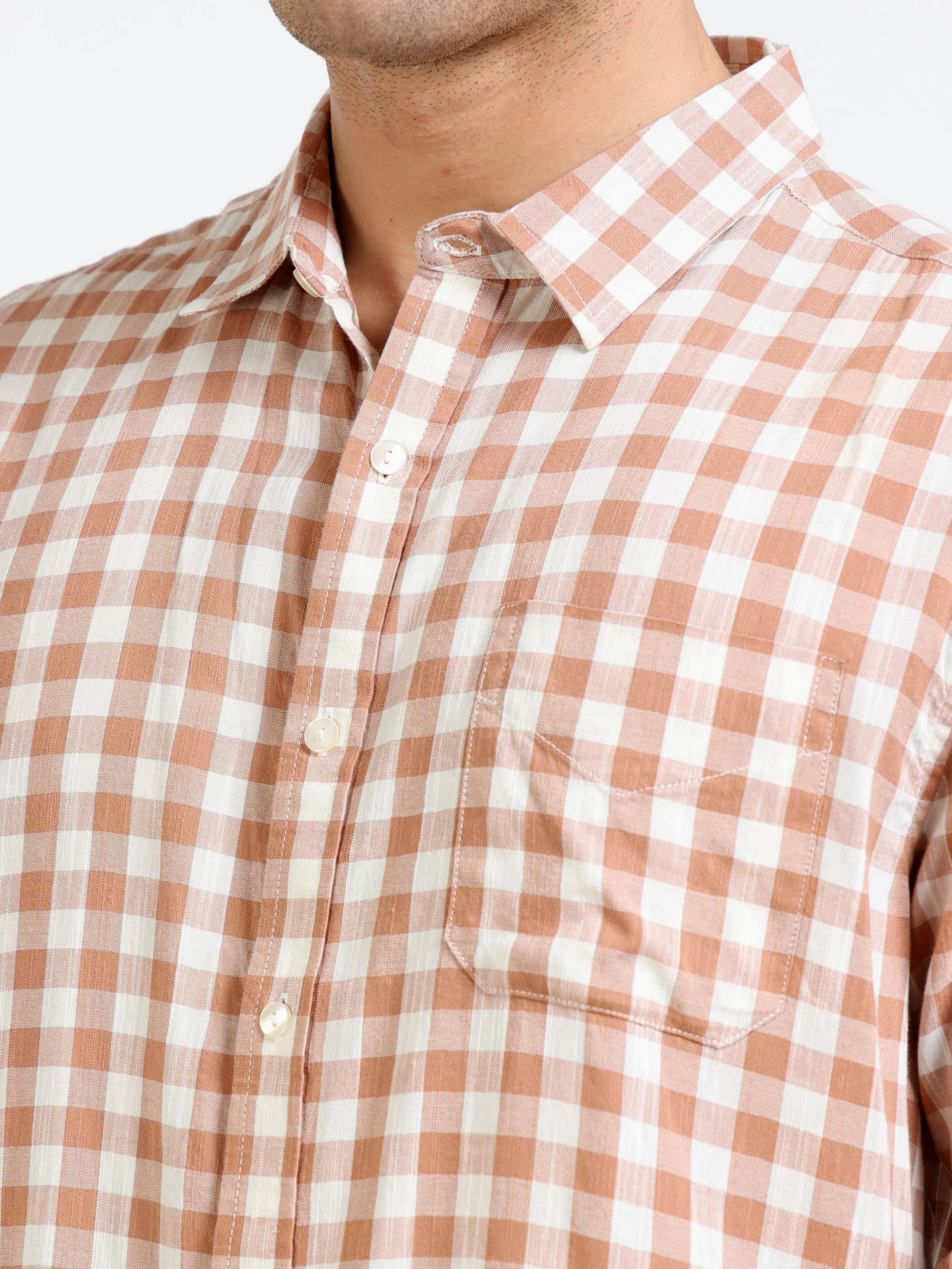 Men Brown & White Check Shirt - Image 4